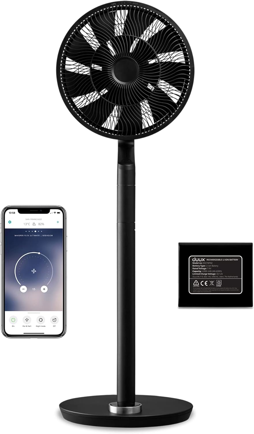Duux whisper Flex Ultimate Blanc - Ventilateur sur pied - Ventilateur silencieux sur pied avec mode nuit et minuterie - Contrôle télécommande et smartphone - Batterie incluse