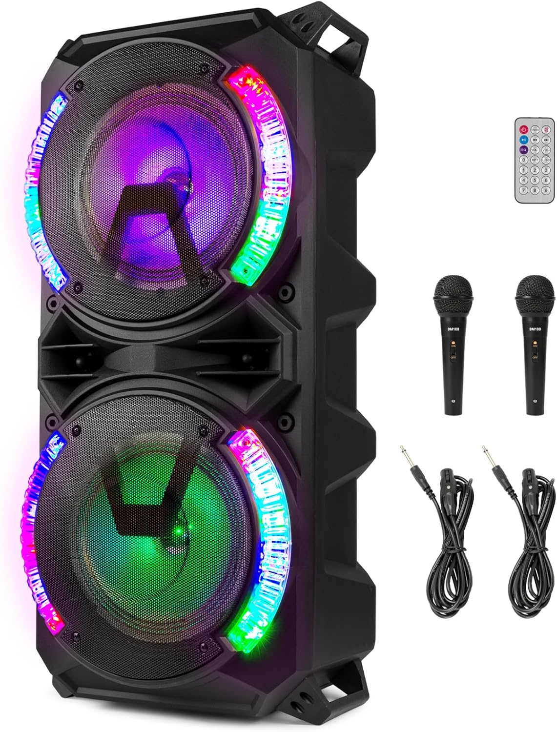 Fenton LIVE280 Enceinte Karaoke LED 2X 8”, 900W Max, 2 Microphones, Trolley et roulettes, Eclairage LED en Façade on/Off, USB et Micro SD, AUX, Connexion Bluetooth 5.0, sur Batterie ou Secteur