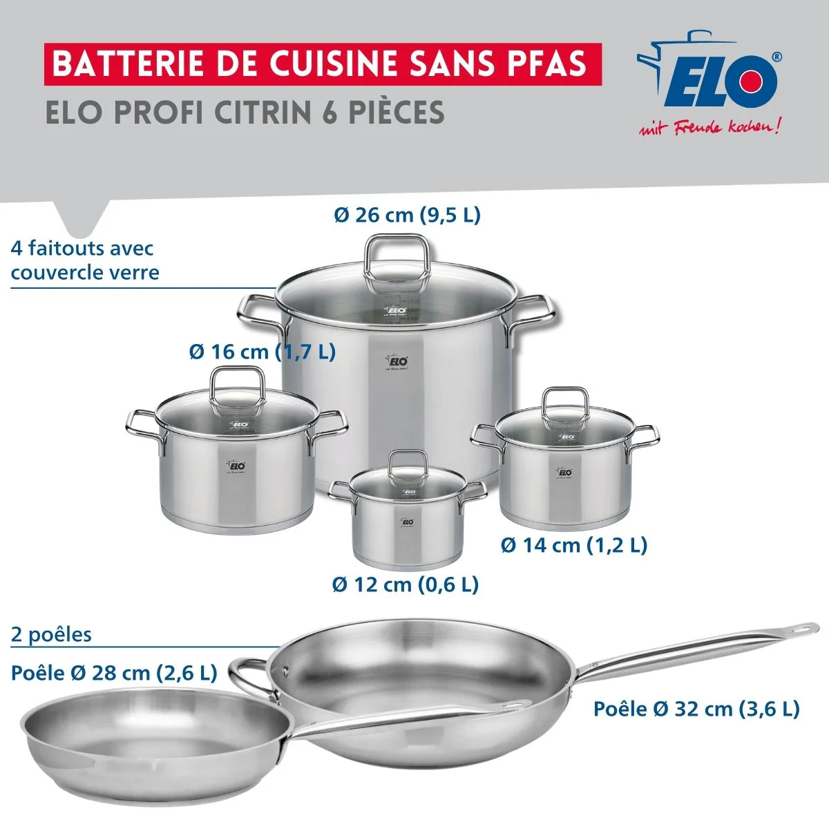 Ensemble de 2 Poêles de cuisson 28 et 32 cm et 4 faitouts 12, 14, 16 et 26 cm Elo Profi Citrin Elo