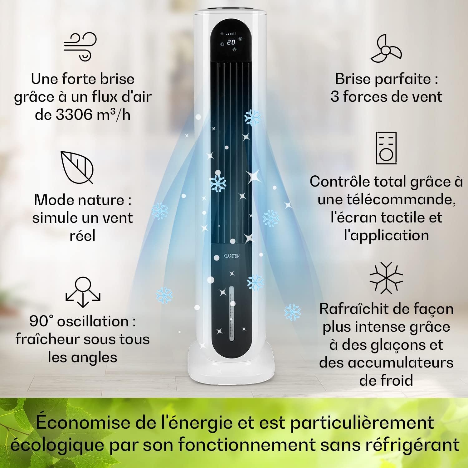 Klarstein Rafraichisseur d'Air Mobile 5 en 1, Refroidisseur d'Air par Evaporation avec Humidificateur, Ventilateur, Ioniseur, Climatiseur Mobile Sans Évacuation, Mode Nuit, 85W, Débit d'Air 3306m³/h
