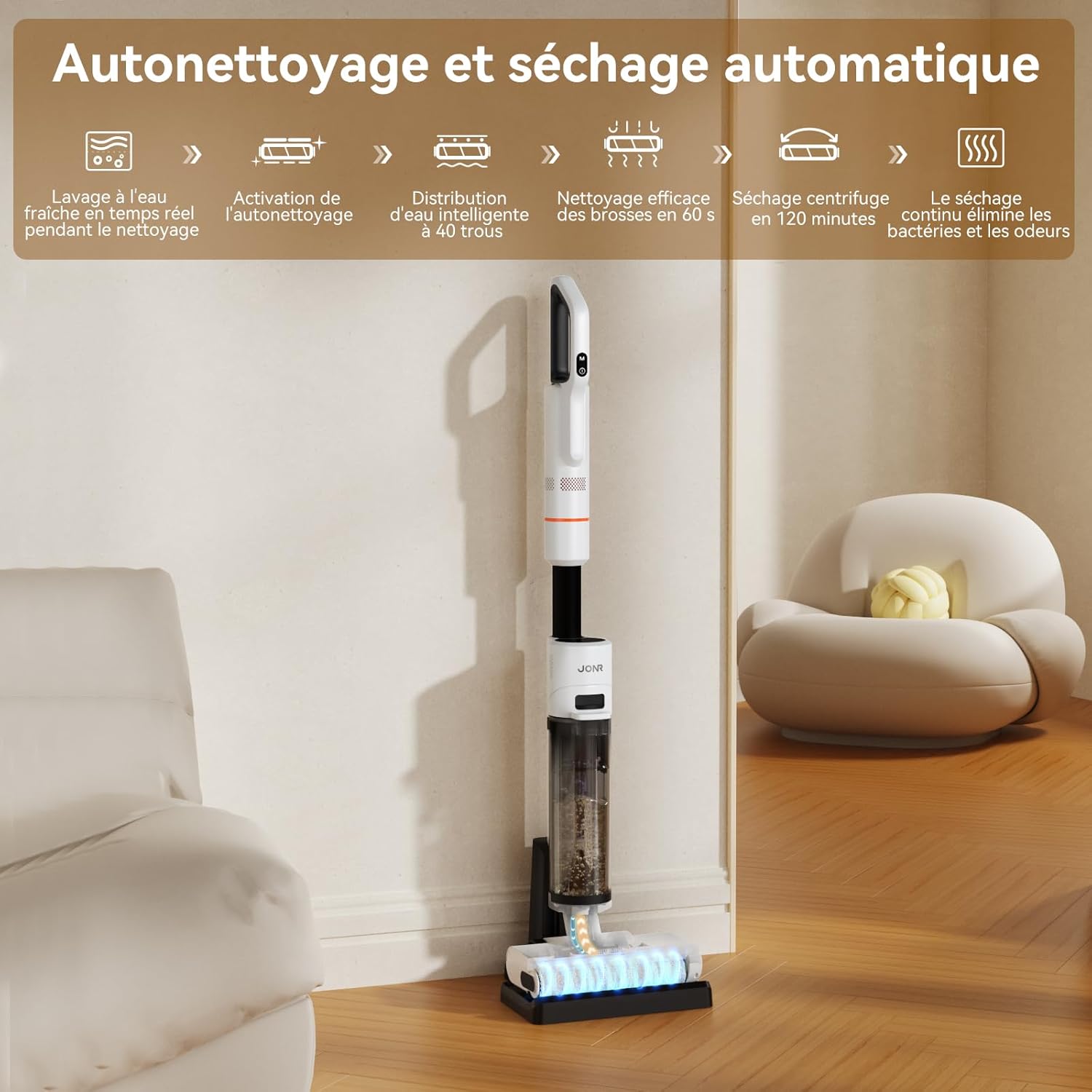 JONR ED12 Aspirateur Eau et Poussière, Aspirateur et Balai à Franges sans Fil 4 en 1, Brosse Rouleau de Nettoyage des Bords, Fonction d’Auto-Nettoyage, pour Sols Durs, Poils d'animaux