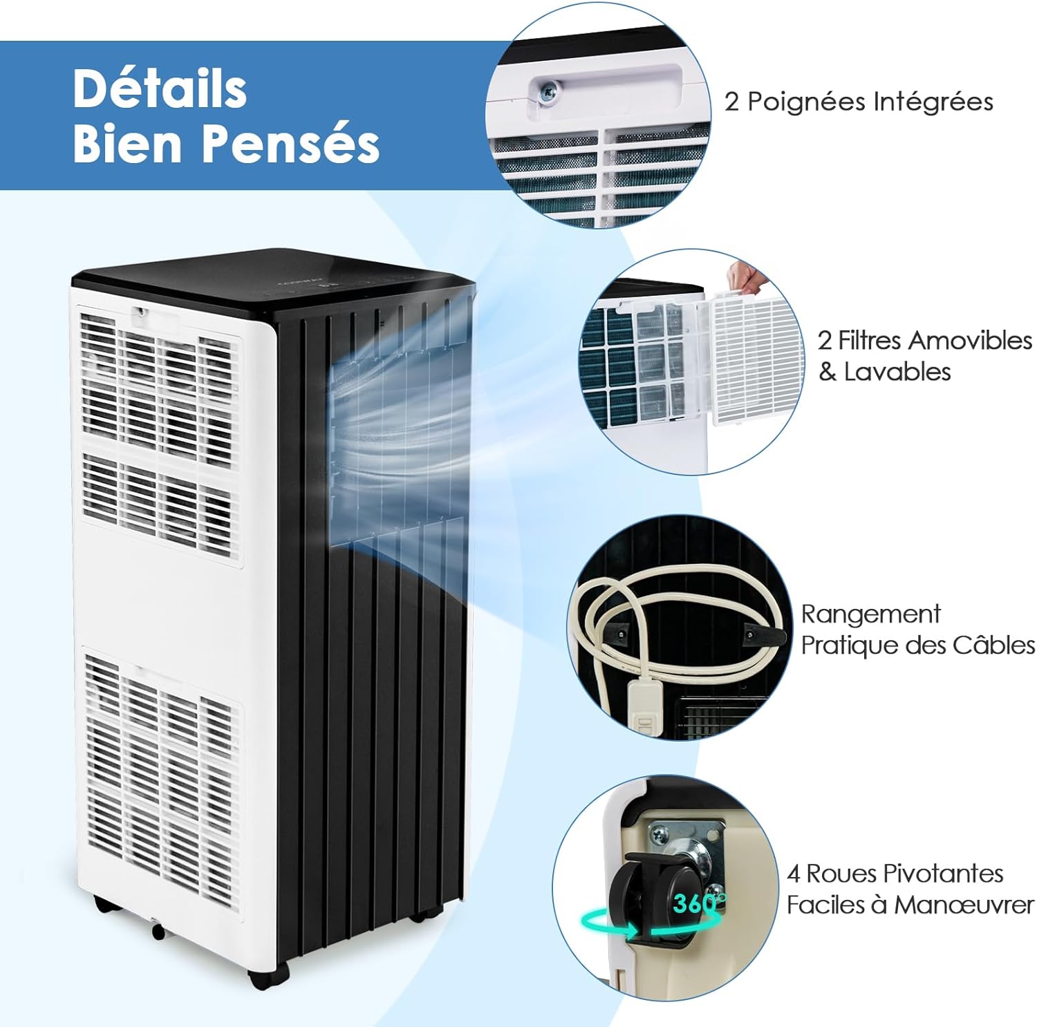 RELAX4LIFE Climatiseur Mobile Silencieux 9000BTU, Climatiseur Portable 4 en 1, Refroidisseur d'Air, Ventilateur, Déshumidificateur, Mode Nuit, 15-20㎡, Télécommande, Minuterie 24H, Classe Energie A