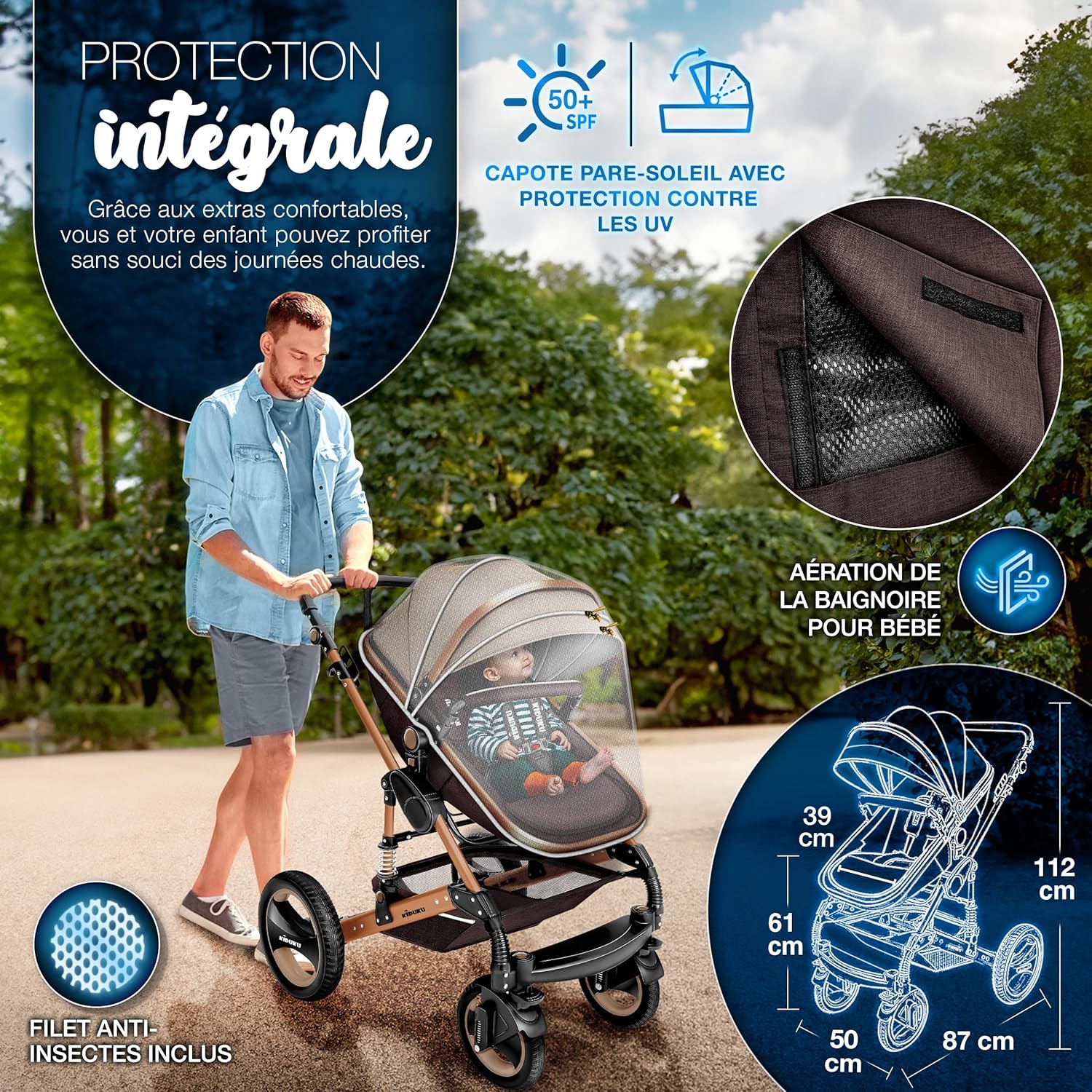 KIDUKU® Poussette Combinée 3 en 1 | Trio pour Enfants | Siége Auto Légère, Piable | Nacelle Souple Convertible | Set de Voyage (Noir/Champagne)