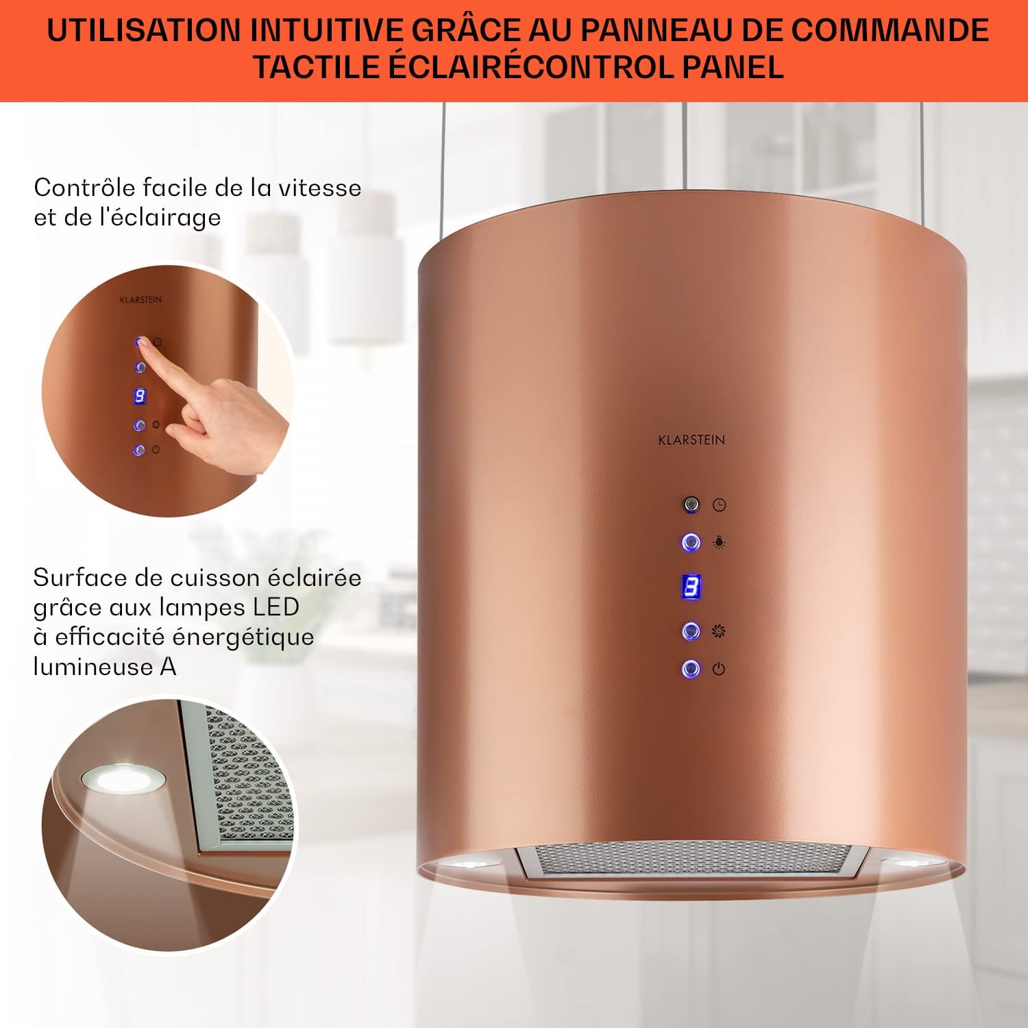 KLARSTEIN Barett - hotte aspirante îlot, hotte aspirante silencieuse Ø 35cm, Puissance Moteur 190W, 560 m³/h Max, 3 Niveaux de Puissance, éclairage LED, INOX - Argent