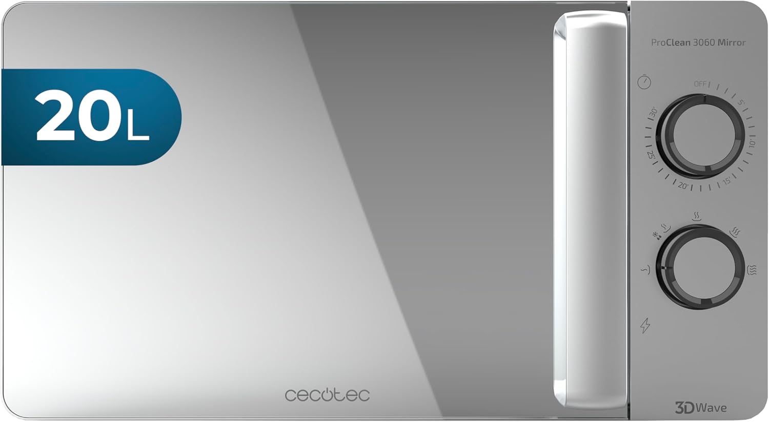 Cecotec Four à micro-ondes ProClean 9110 FullINOX avec grill 1000 W, 30 litres, 5 niveaux de puissance, 8 programmes, minuterie de 60 minutes, revêtement Ready2Clean, design avant miroir