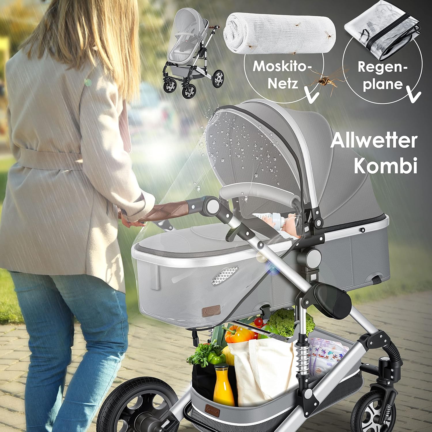 KESSER® Poussette combinée 3en1 Set incl. baignoire bébé poussette Siège sport & siège auto pour bébé Pneus pleins en caoutchouc Sac à langer Protection pluie Table pour enfant ECE R129 noir/champagne