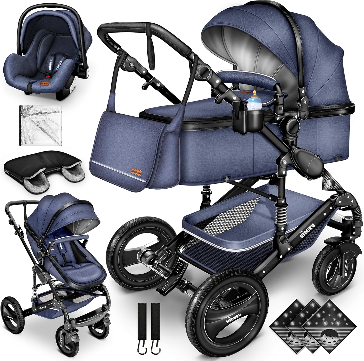 KIDUKU® Poussette Combinée 3 en 1 | Trio pour Enfants | Siége Auto Légère, Piable | Nacelle Souple Convertible | Set de Voyage (Noir/Champagne)