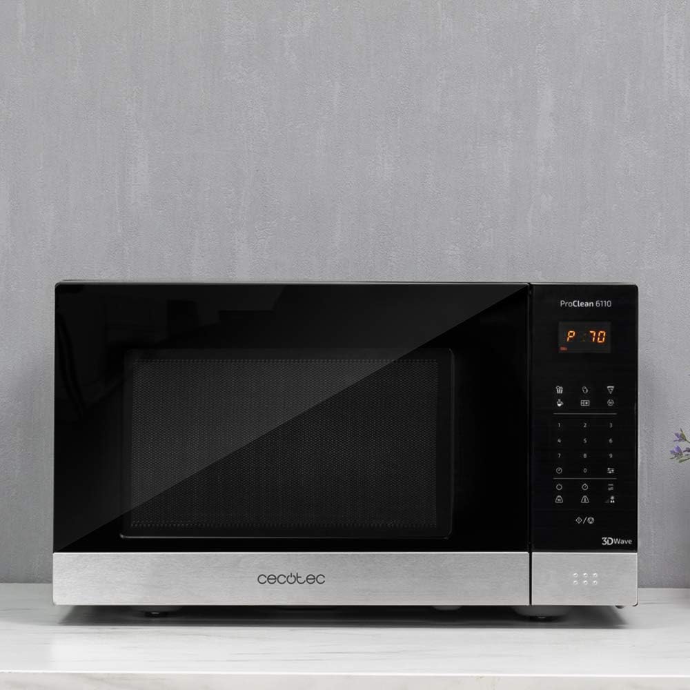 Cecotec Four à micro-ondes ProClean 9110 FullINOX avec grill 1000 W, 30 litres, 5 niveaux de puissance, 8 programmes, minuterie de 60 minutes, revêtement Ready2Clean, design avant miroir