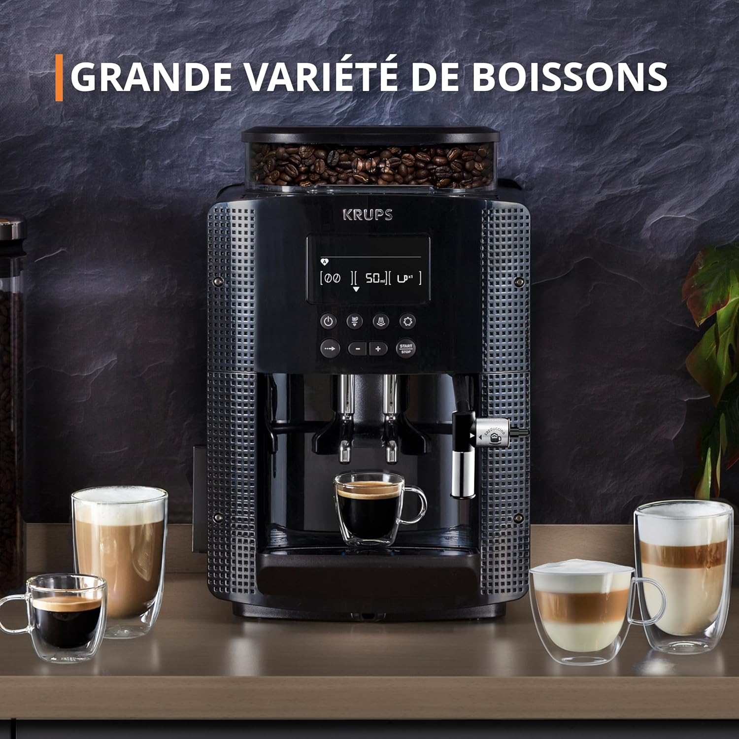 Krups Machine à café grain, 2 expressos simultanés, Ecran LCD, Cafetière espresso compacte, Nettoyage automatique, Buse vapeur pour Cappuccino, Essential noire YY8135FD, Noir
