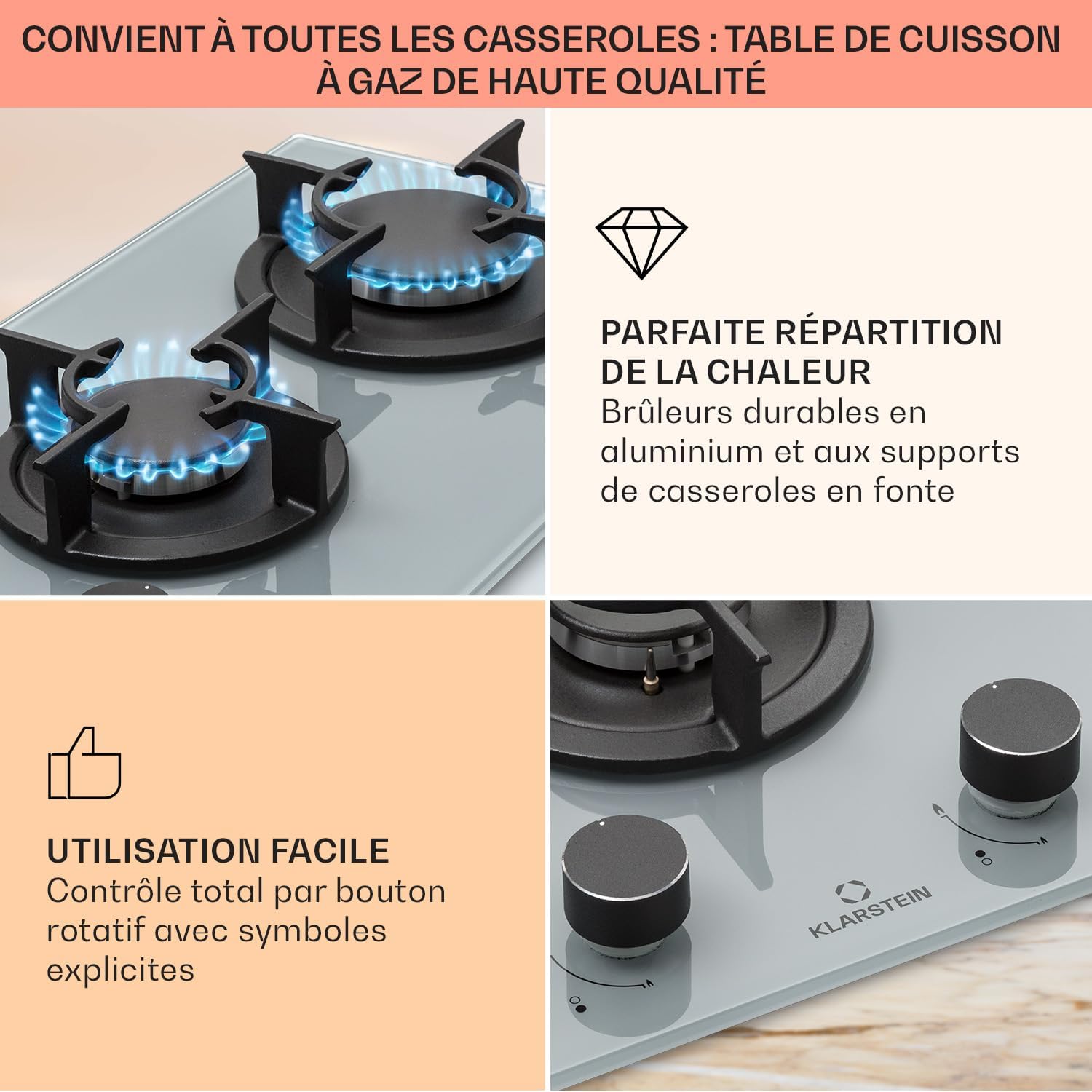 Klarstein Table de Cuisson à Gaz, Plaque de Cuisson Gaz à 4 Brûleurs, Table de Cuisson Electrique à 4 Feux de 8000W, Cuisiniere Gaz, Gaziniere Gaz avec Brûleurs en Acier Inoxydable, Cuisinières GPL