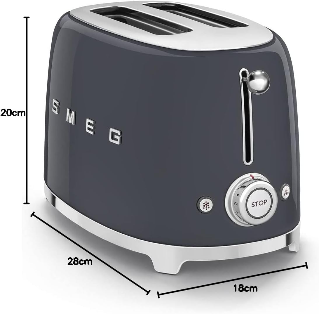 Smeg, Grille-pain 2 Tranches TSF01UJEU, 2 Fentes 36 mm, 6 Niveaux de Brunissage, Fonction Chauffage, Décongélation et Bagel, Éjection Automatique du Pain, Ramasse Miettes, 950 W, Royaume-Uni