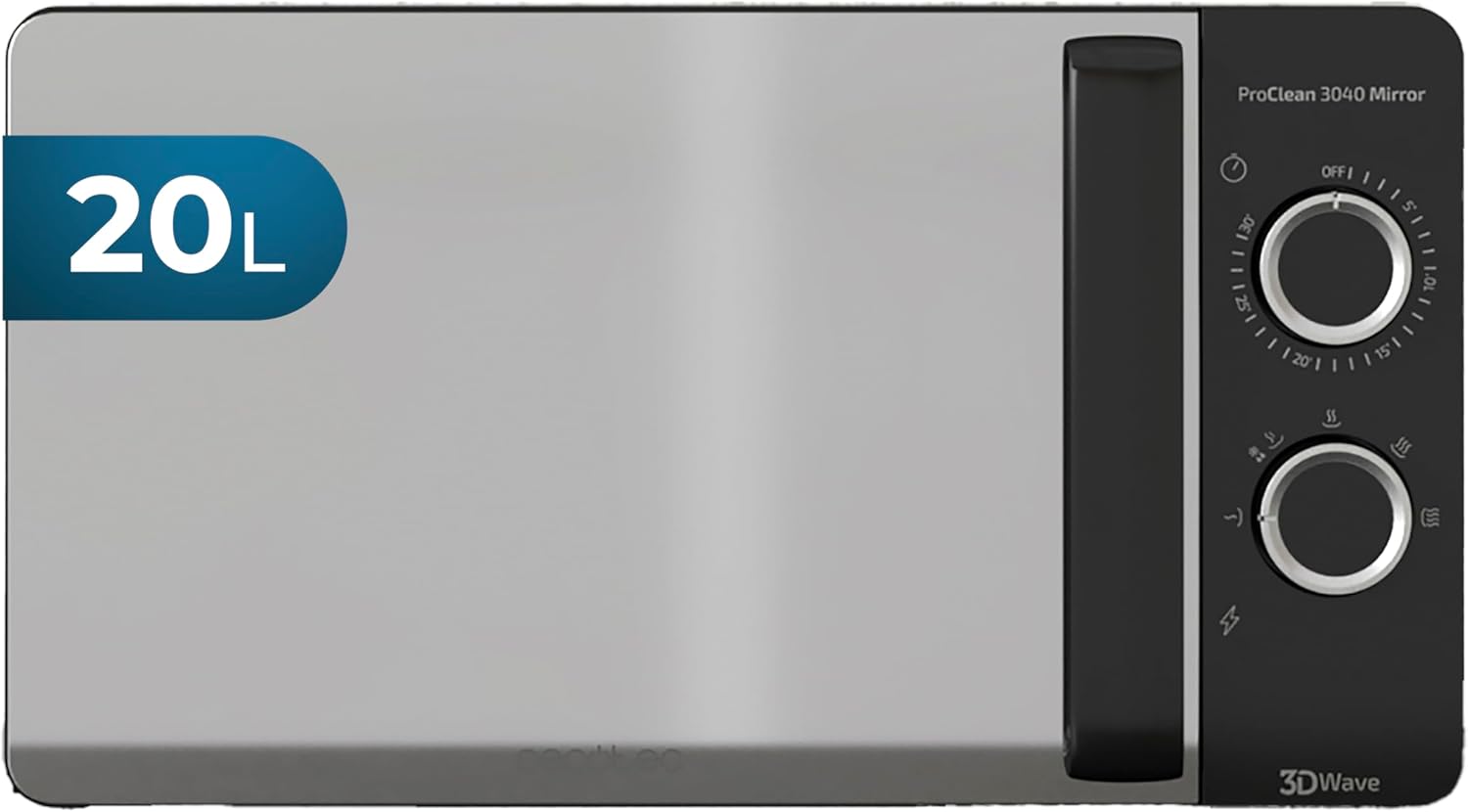 Cecotec Four à micro-ondes ProClean 9110 FullINOX avec grill 1000 W, 30 litres, 5 niveaux de puissance, 8 programmes, minuterie de 60 minutes, revêtement Ready2Clean, design avant miroir