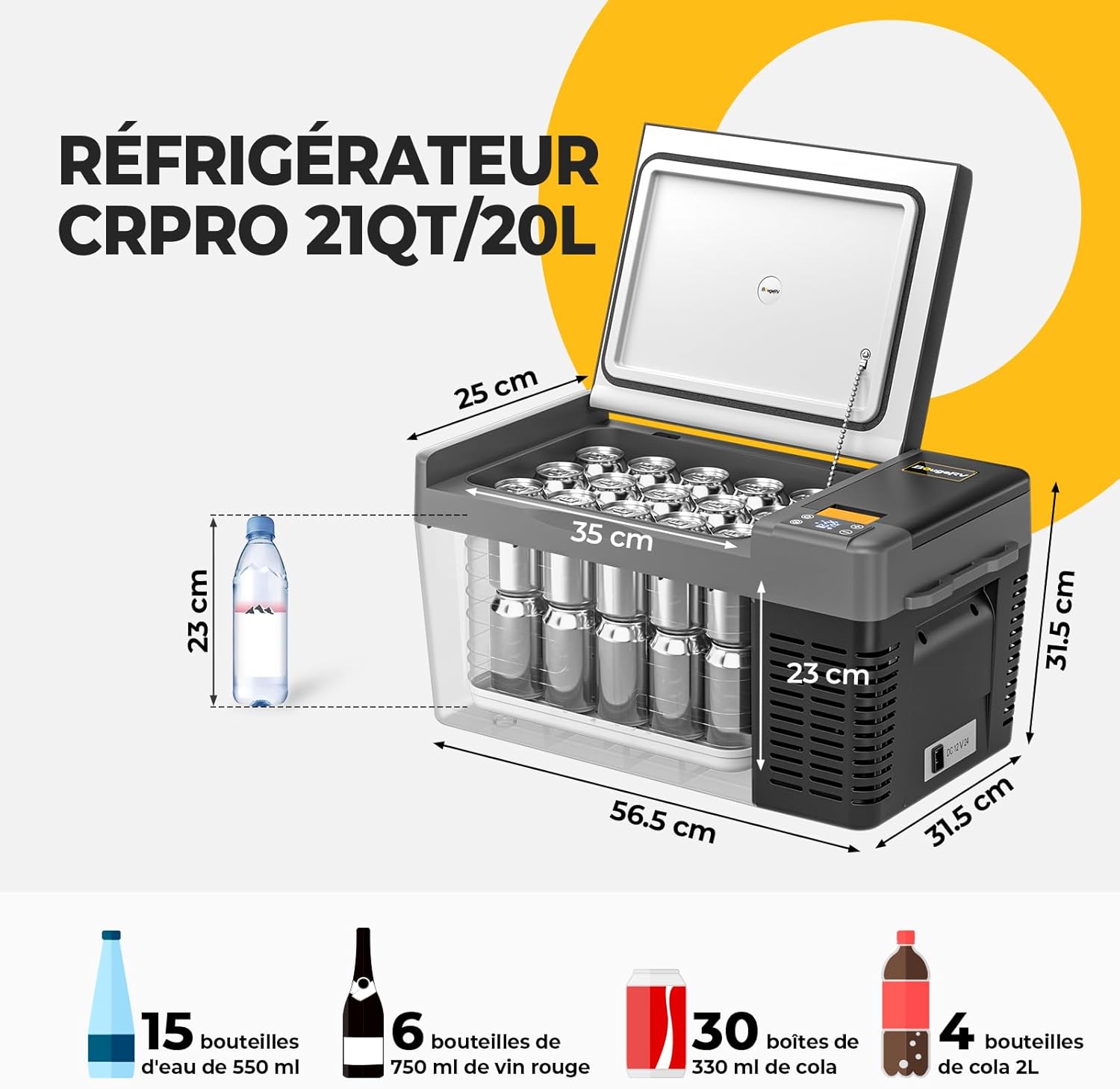 BougeRV CRPRO Glacière à Compression, Frigo Voiture 20 litres(-22℃~10℃), 12/24V DC &110-240V AC Glaciere Voiture, Frigo Compression 12v, pour voiture, camping, voyage