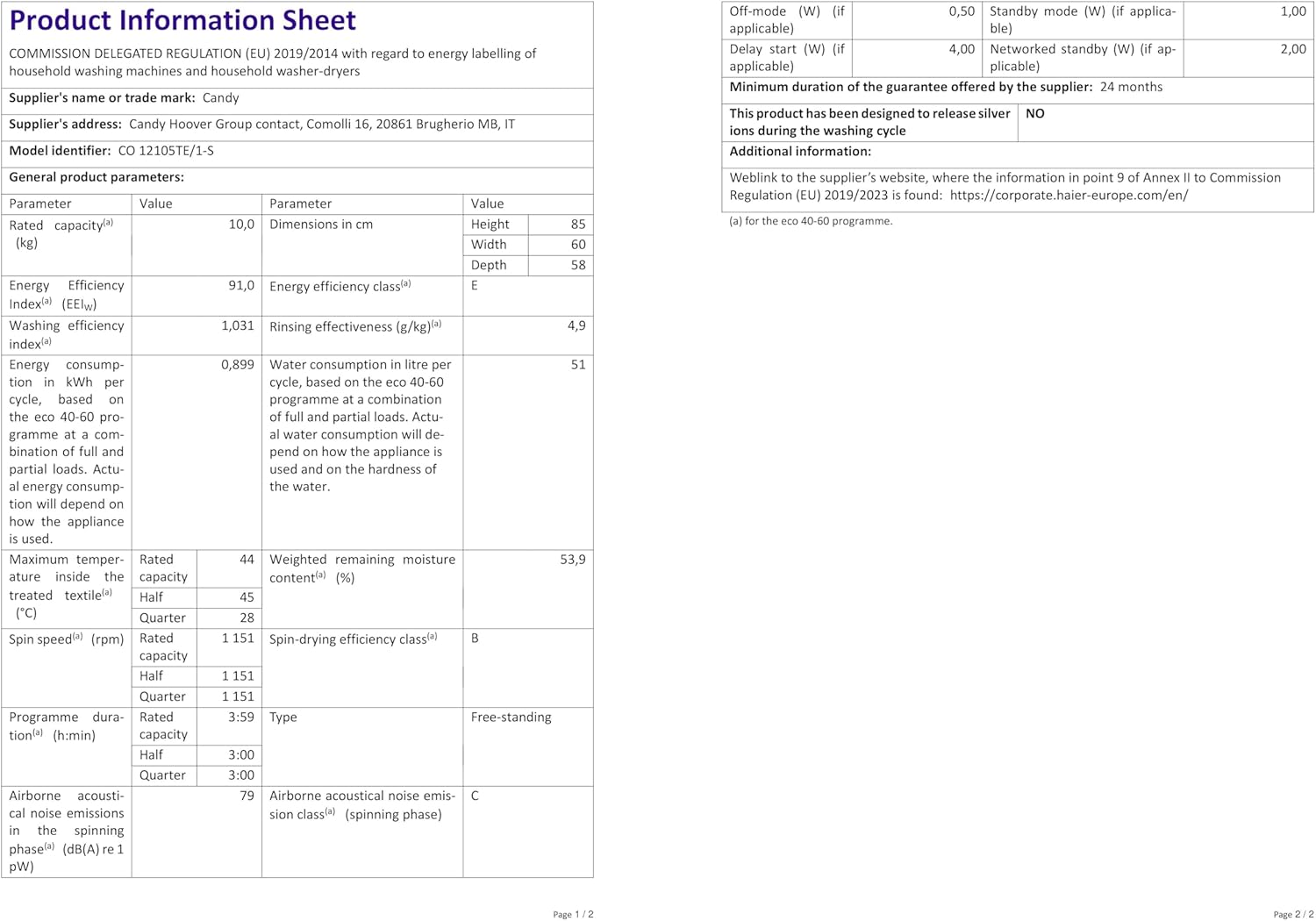 CANDY CO 12105TE/1-S Lave-linge Hublot Smart Pro, 10 kg, 1200 tr/min, Classe E, Blanc