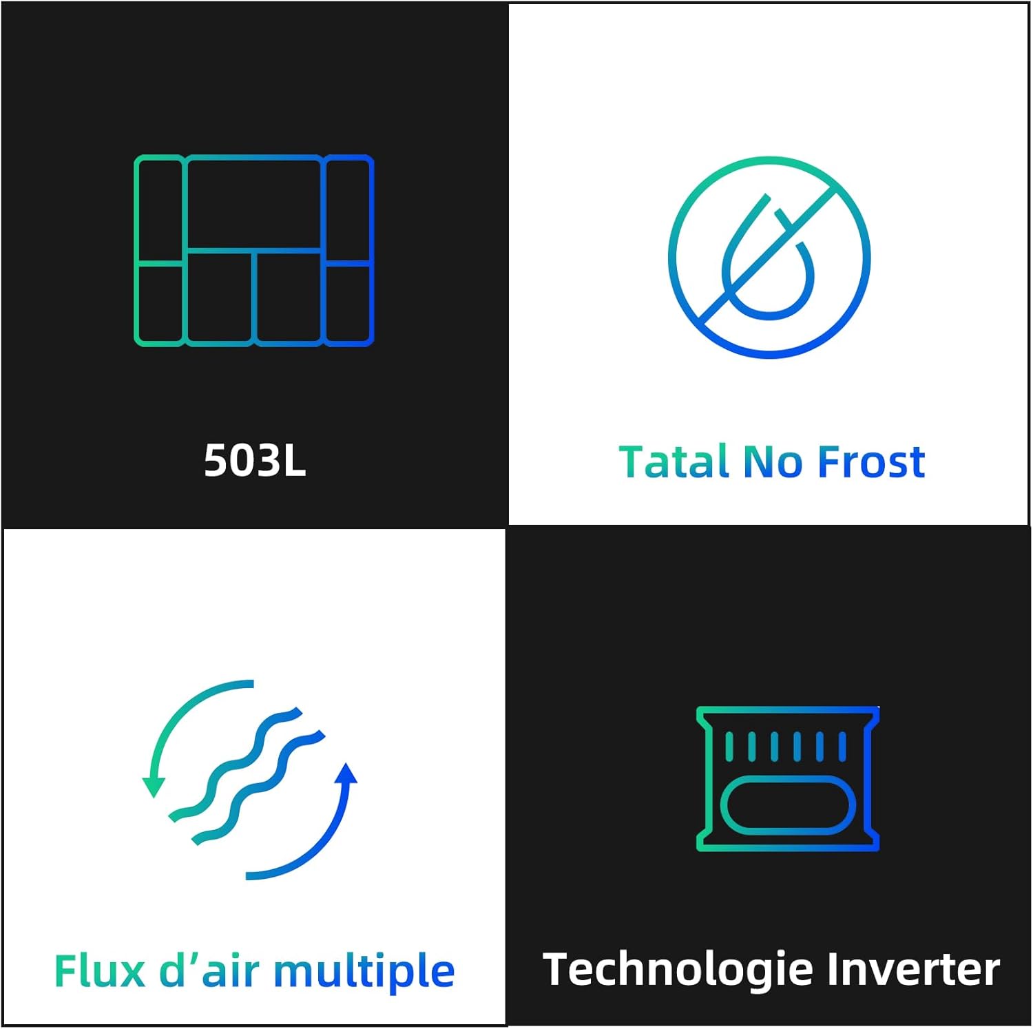 CHIQ Réfrigérateur autoportant 317L à Inverter, 322 l, sans givre, flux d'air multiple, congélation rapide, électronique tactile, compresseur avec garantie de 12 ans, efficacité améliorée, noir
