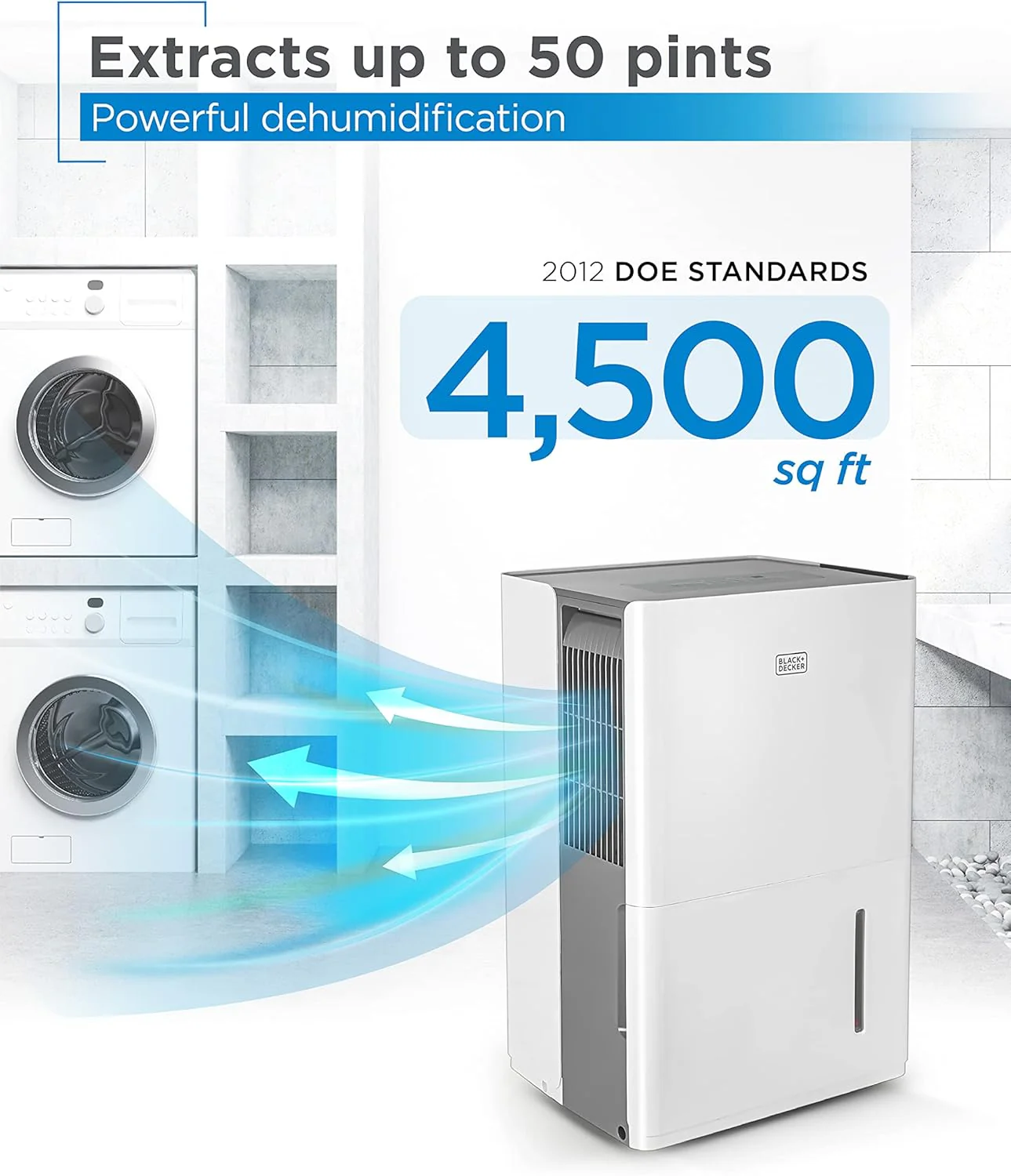 BLACK+DECKER 4500 Sq. Ft. Dehumidifier with Built-In Drain Pump for Continuous Drainage, for Large Spaces and Basements, Energy Star, Digital, BD50PMWSA, White
