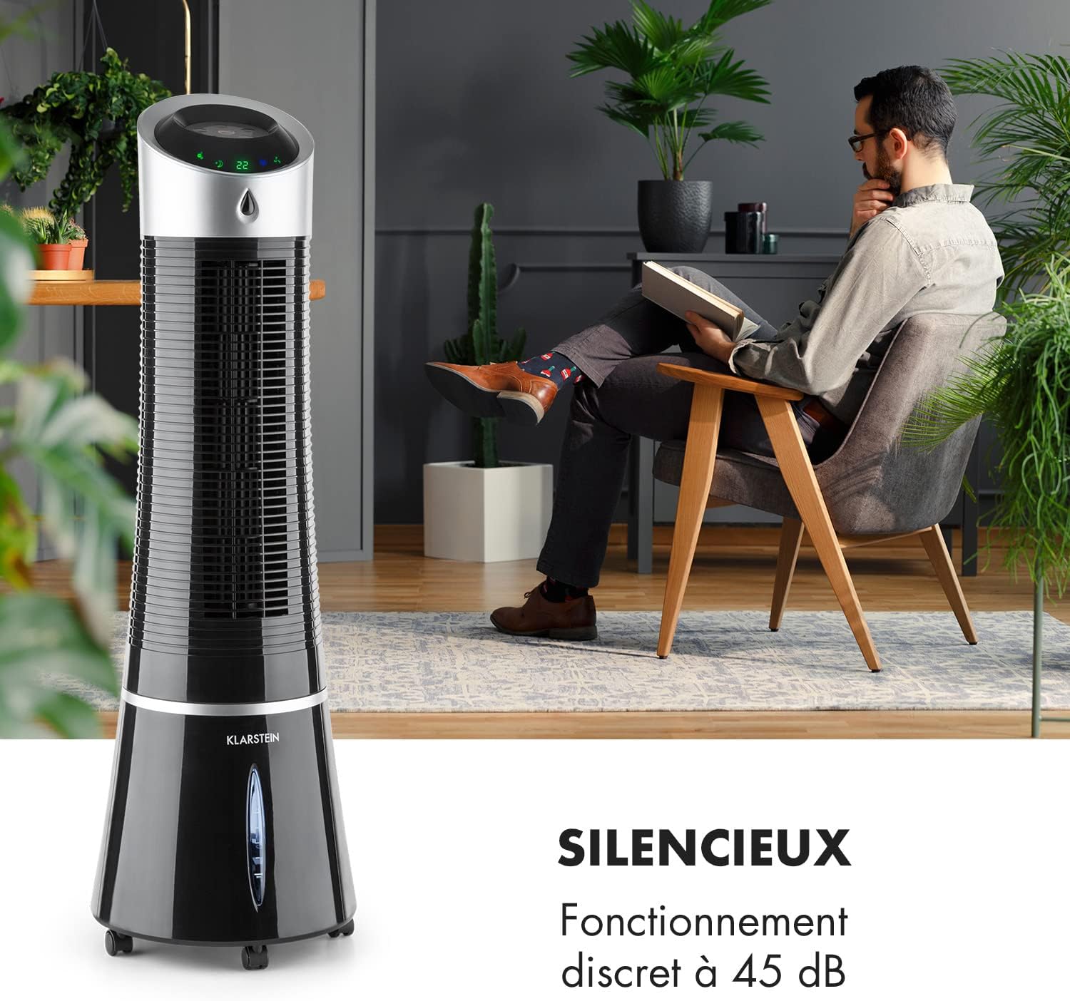 Klarstein Rafraichisseur d'Air Mobile 5 en 1, par Evaporation avec Humidificateur, Ventilateur, Ioniseur, Climatiseur Mobile Sans Évacuation, Mode Nuit, 45W, Débit d'Air de 180m³/h