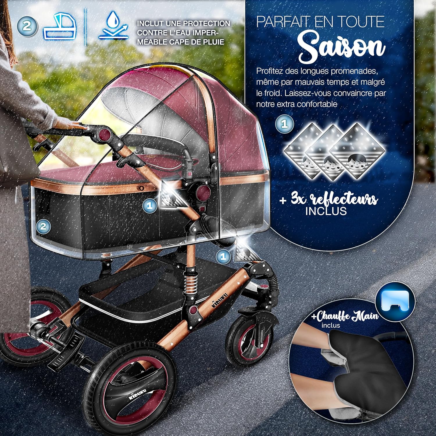 KIDUKU® Poussette Combinée 3 en 1 | Trio pour Enfants | Siége Auto Légère, Piable | Nacelle Souple Convertible | Set de Voyage (Noir/Champagne)