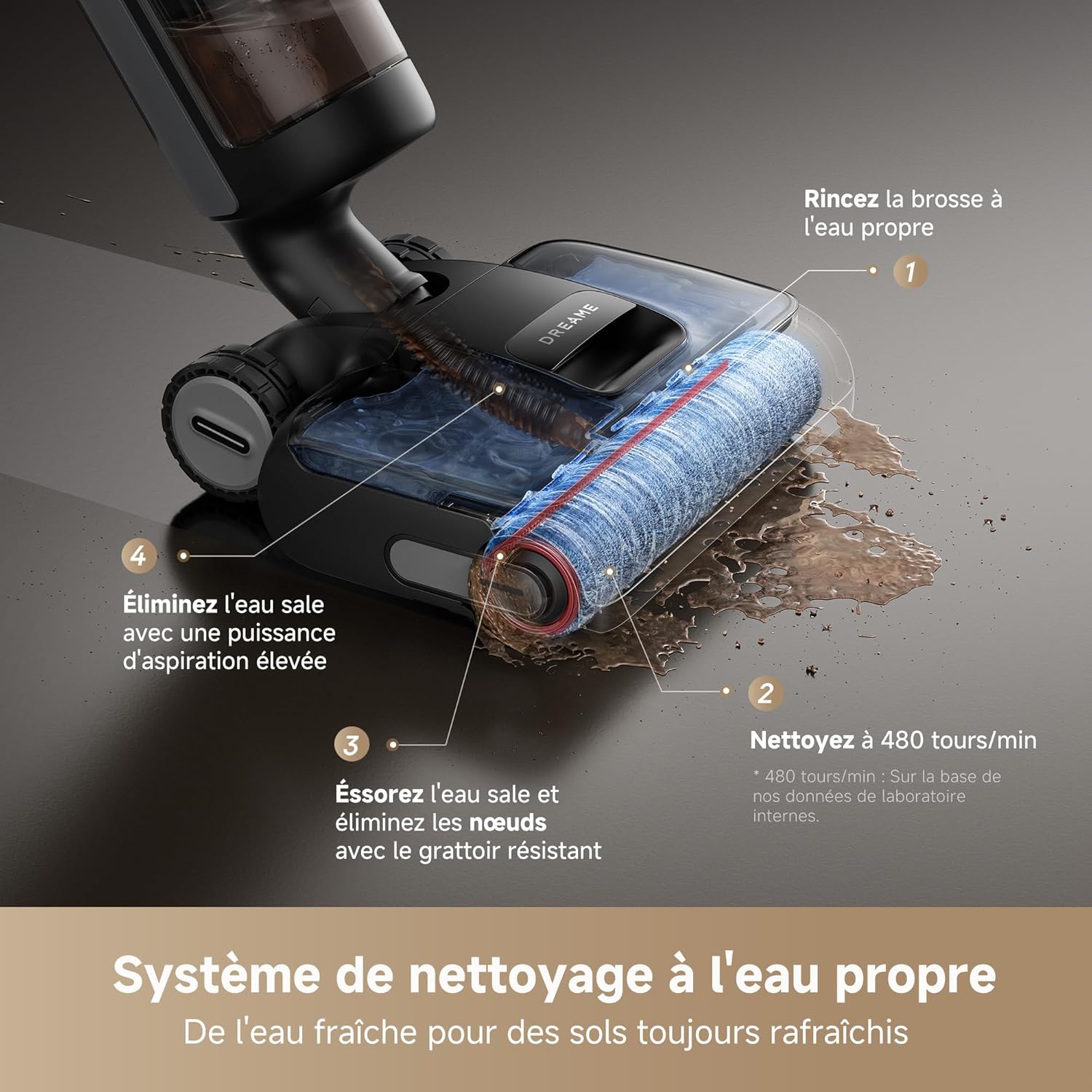 DREAME H14 Pro Aspirateur Laveur Sec Et Humide, Design Plat à 180°, Nettoyage de la Brosse à 60 °C, Séchage en 5min, Distribution Automatique de la Solution, Contrôle par Application, 18 kPa