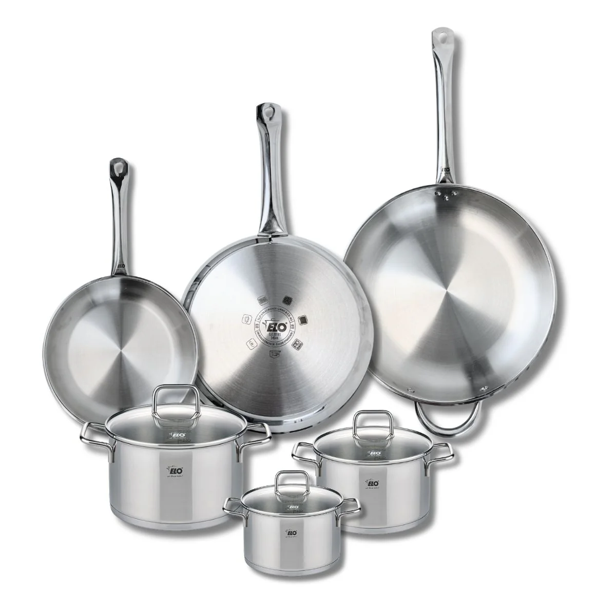 Ensemble de 3 Poêles de cuisson 24, 28 et 32 cm et 3 faitouts 14, 16 et 20 cm Elo Profi Citrin Elo