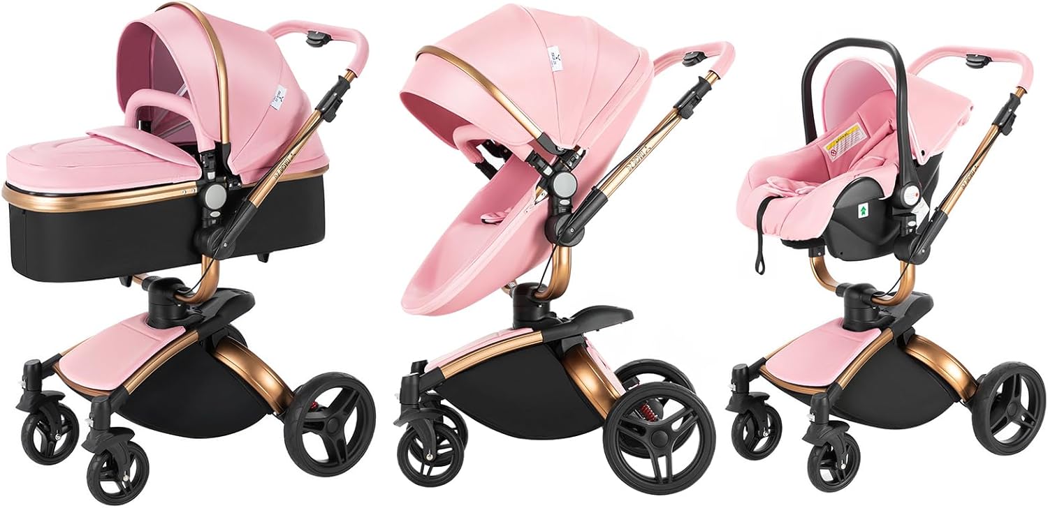Magic ZC Poussette 3 en 1, Poussette Bebe avec Conception Portable Pliable en Un Clic, Pousette 3 en 1 avec Poussée Réversible Bidirectionnelle, Poussette Trio avec Accessoires (black gold 588)