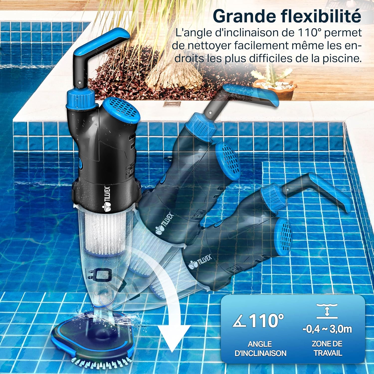 tillvex Aspirateur Électrique pour Piscines | Nettoyeur de Piscine sans Fil avec Manche Télescopique | Kit de Nettoyage avec Filtre & 2 Vitesses | Rechargeable