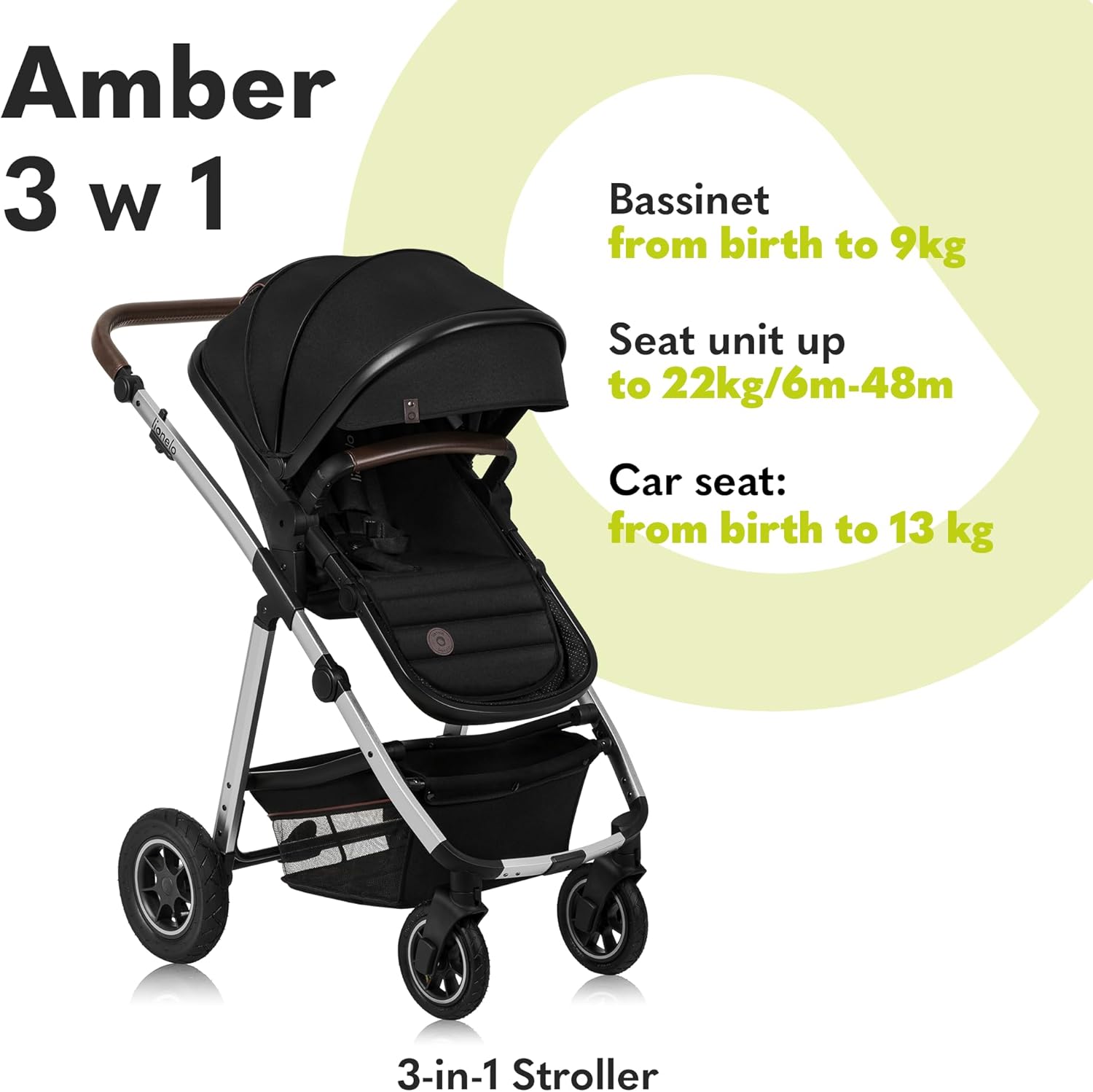 LIONELO Amber 3 in 1 poussette multifonctionnellle, landau, ensemble poussette avec siège sport et nacelle fixe, sac, moustiquaire, couvrir, feuille de pluie mit siege auto