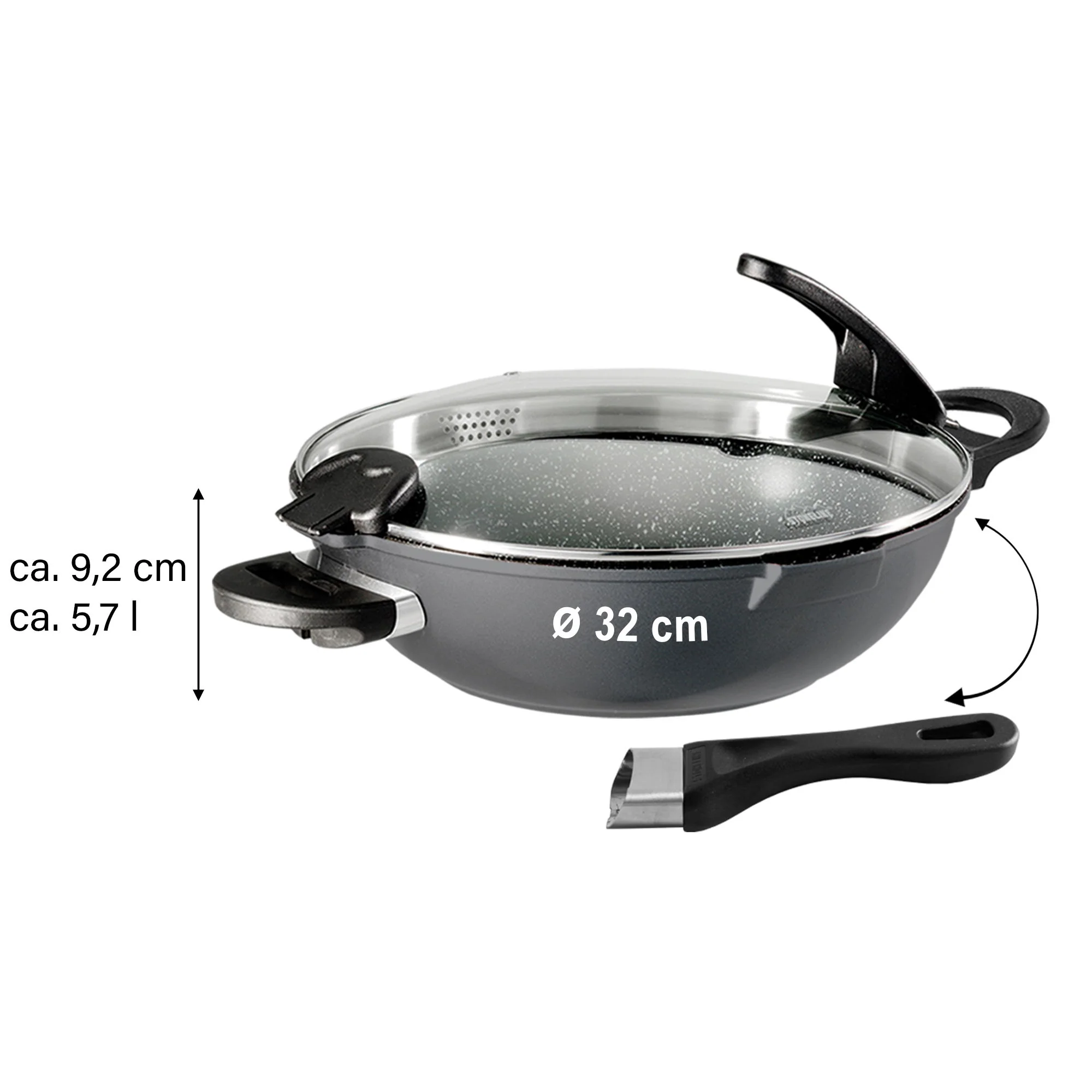 FUTURE Wok 32 cm, avec poignées interchangeables, avec couvercle en verre avec fonction passoire Stoneline