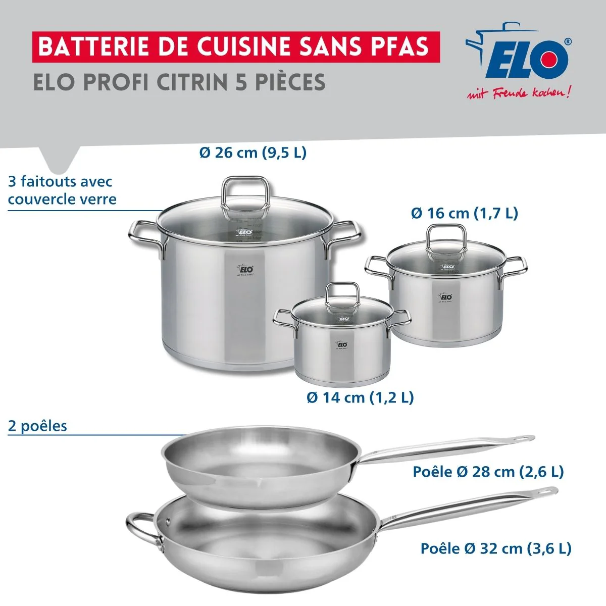 Ensemble de 2 Poêles de cuisson 28 et 32 cm et 3 faitouts 14, 16 et 26 cm Elo Profi Citrin Elo