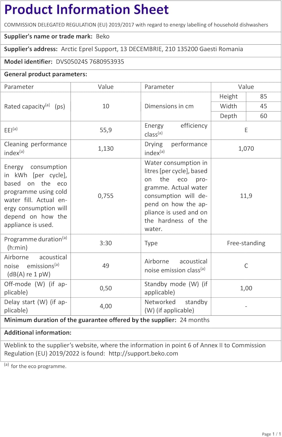 Beko DVS05024S lave-vaisselle Autoportante 10 couverts Argent