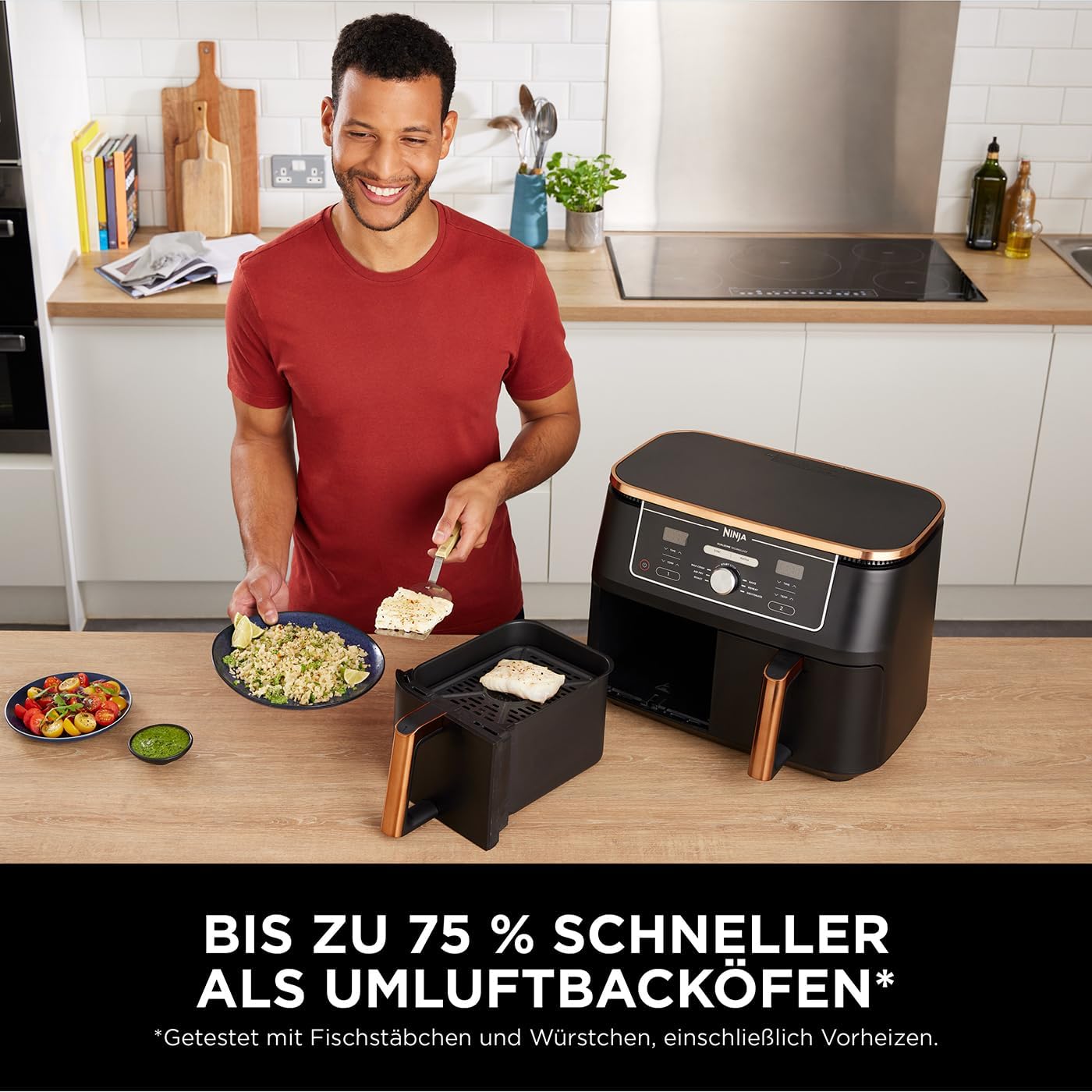 Ninja Foodi FlexDrawer Dual Zone Heißluftfritteuse, Airfryer mit 10,4-Fach und herausnehmbarem Trenner, Antihaftbeschichtung, spülmaschinenfester Korb, 7-in-1, Schwarz & Kupfer, AF500EUCP