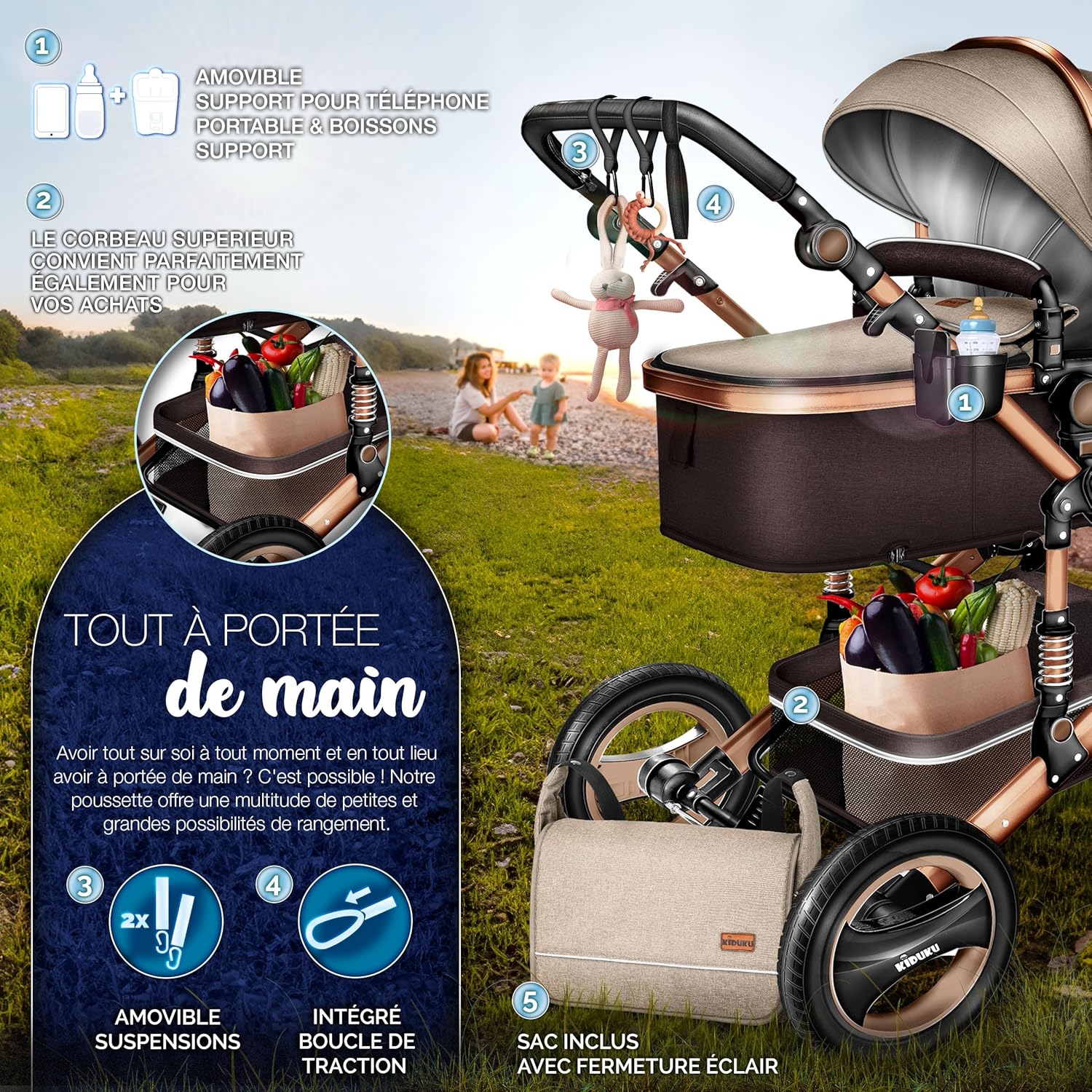 KIDUKU® Poussette Combinée 3 en 1 | Trio pour Enfants | Siége Auto Légère, Piable | Nacelle Souple Convertible | Set de Voyage (Noir/Champagne)