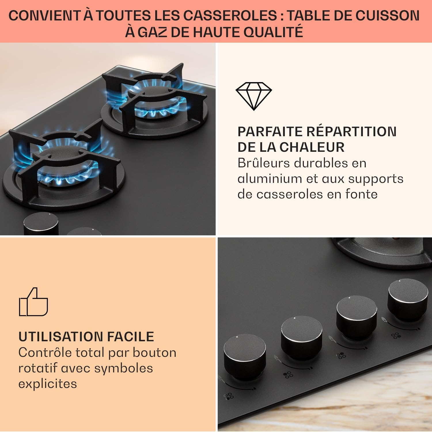 Klarstein Table de Cuisson à Gaz, Plaque de Cuisson Gaz à 4 Brûleurs, Table de Cuisson Electrique à 4 Feux de 8000W, Cuisiniere Gaz, Gaziniere Gaz avec Brûleurs en Acier Inoxydable, Cuisinières GPL