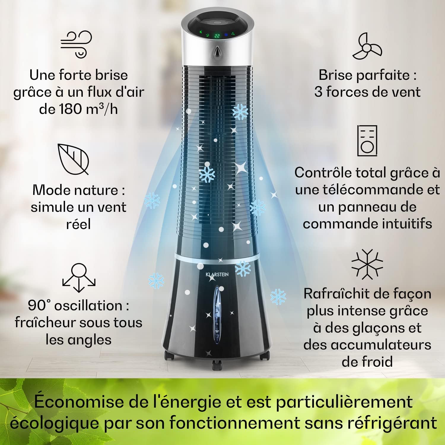 Klarstein Rafraichisseur d'Air Mobile 5 en 1, par Evaporation avec Humidificateur, Ventilateur, Ioniseur, Climatiseur Mobile Sans Évacuation, Mode Nuit, 45W, Débit d'Air de 180m³/h
