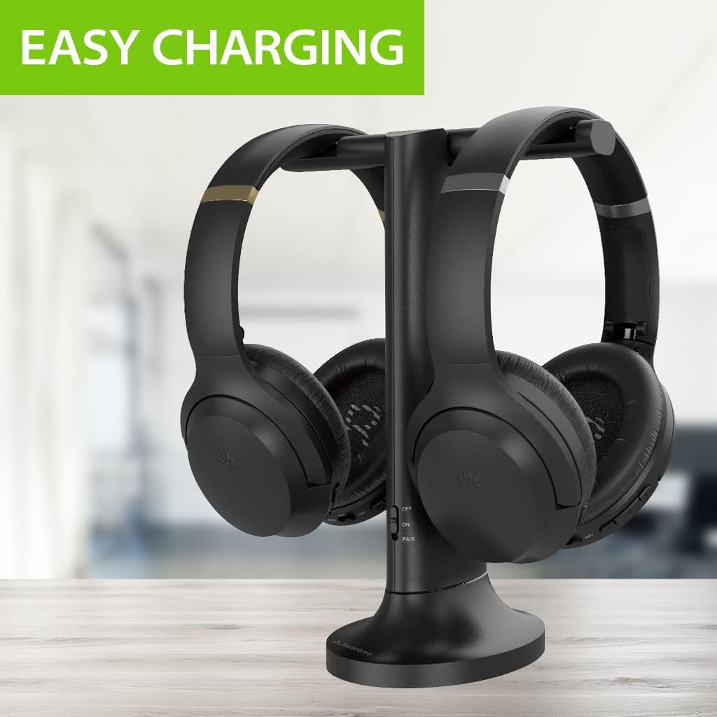 Avantree Duet - Set Doubles Casques sans Fil pour Télévision avec émetteur Support de Charge 2 en 1, Mode Dialogue Clair et Amplification Volume TV pour Séniors, Jusqu'à 100 Casques Simultanés