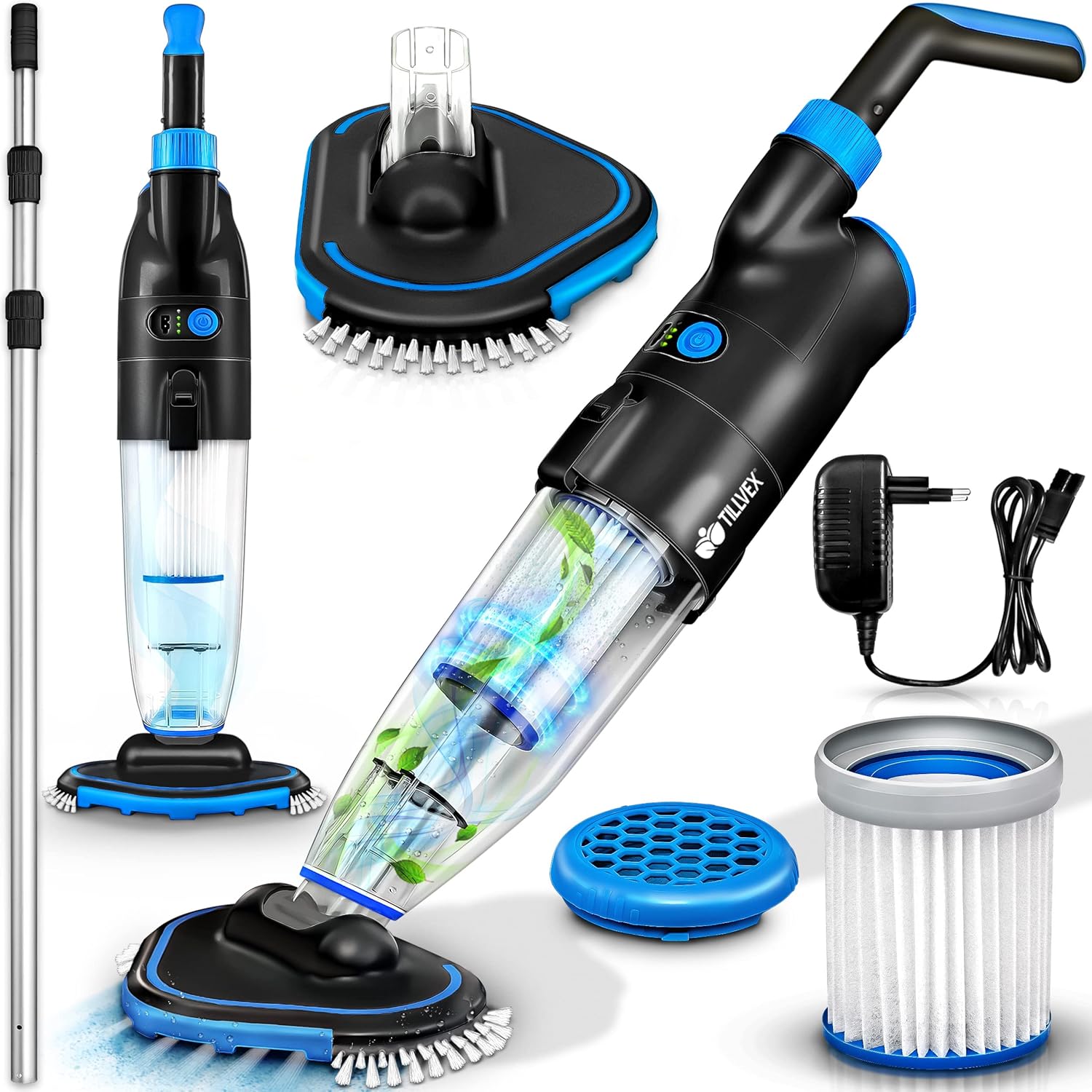 tillvex Aspirateur Électrique pour Piscines | Nettoyeur de Piscine sans Fil avec Manche Télescopique | Kit de Nettoyage avec Filtre & 2 Vitesses | Rechargeable