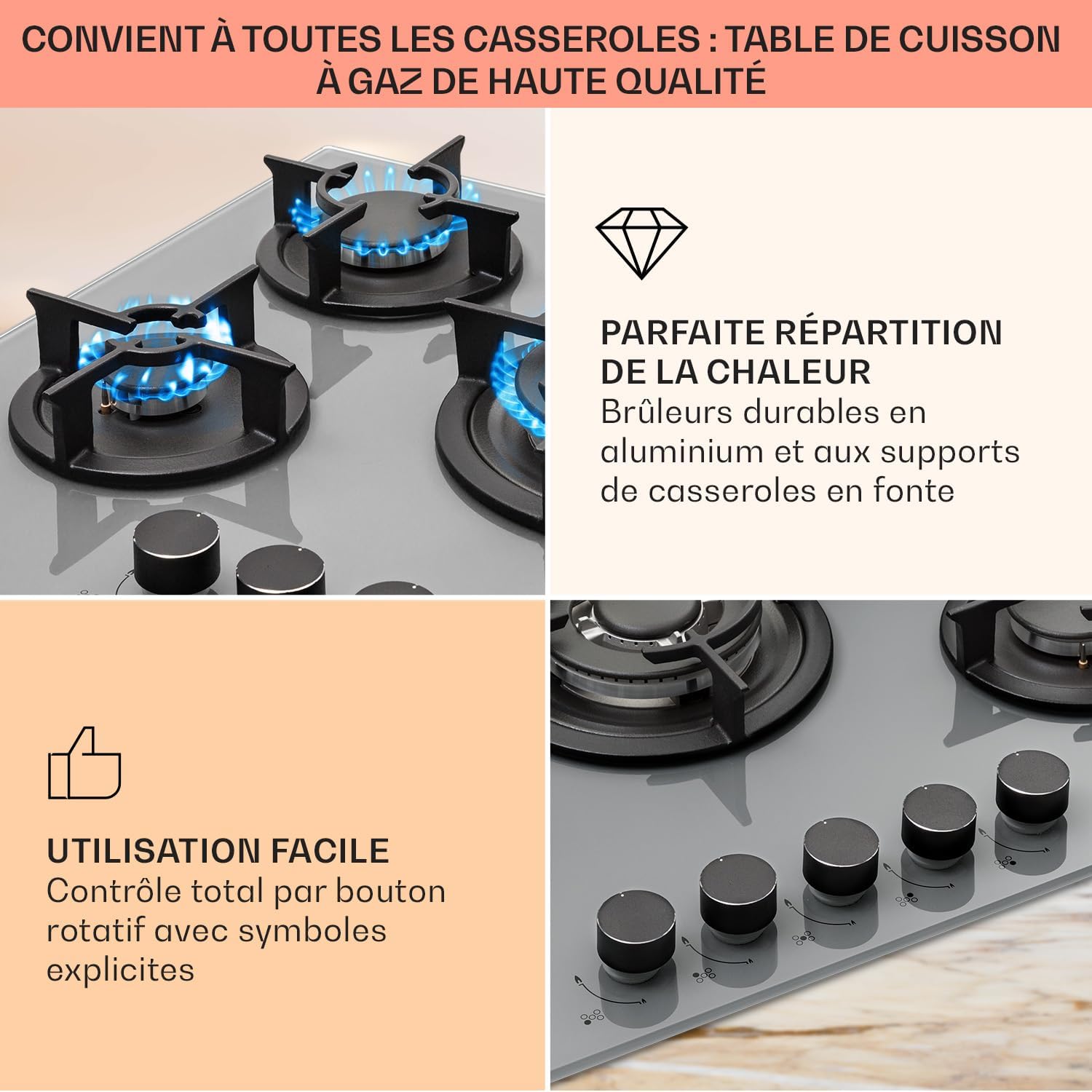 Klarstein Table de Cuisson à Gaz, Plaque de Cuisson Gaz à 4 Brûleurs, Table de Cuisson Electrique à 4 Feux de 8000W, Cuisiniere Gaz, Gaziniere Gaz avec Brûleurs en Acier Inoxydable, Cuisinières GPL