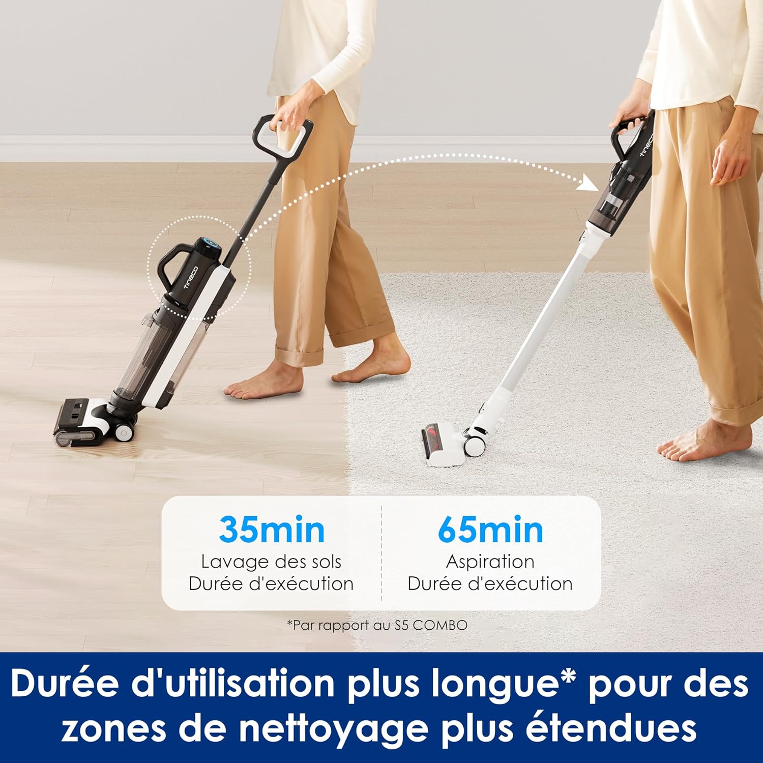 Tineco Floor One Stretch S6 Aspirateur Eau et Poussière Laveur de Sols, Conception Plate à 180°, Hauteur compacte de 13 cm, Auto-Nettoyage Flashdry à 70℃ en 5 Min, Nettoyage des Bords sur Trois Faces