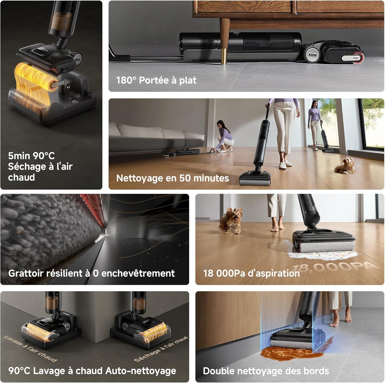 DREAME H12 Pro Ultra Aspirateur Eau et poussière, Lavage 60 °C, Séchage 30 Min, Nettoyage Auto Double Rotation avec Racleur Résistant, Aspiration 16 kPa, Brosse 2 Bords, Détection Intelligents