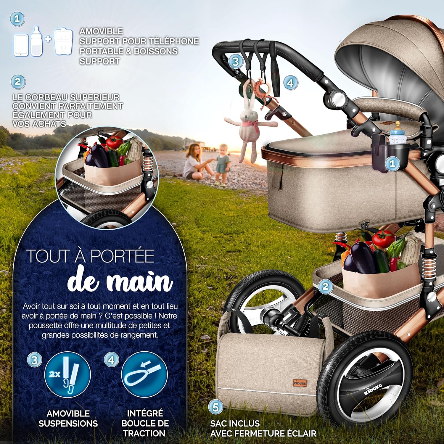 KIDUKU® Poussette Combinée 3 en 1 | Trio pour Enfants | Siége Auto Légère, Piable | Nacelle Souple Convertible | Set de Voyage (Noir/Champagne)