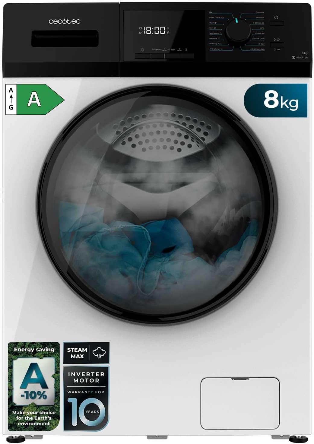 Cecotec Lavadora 8 Kg Carga Frontal Bolero Dresscode 8500 Inverter A. 1900 W, 1400 rpm, Motor Inverter Plus, Bajo Consumo, 16 Programas, SteamMax, Delay Start, Blanco