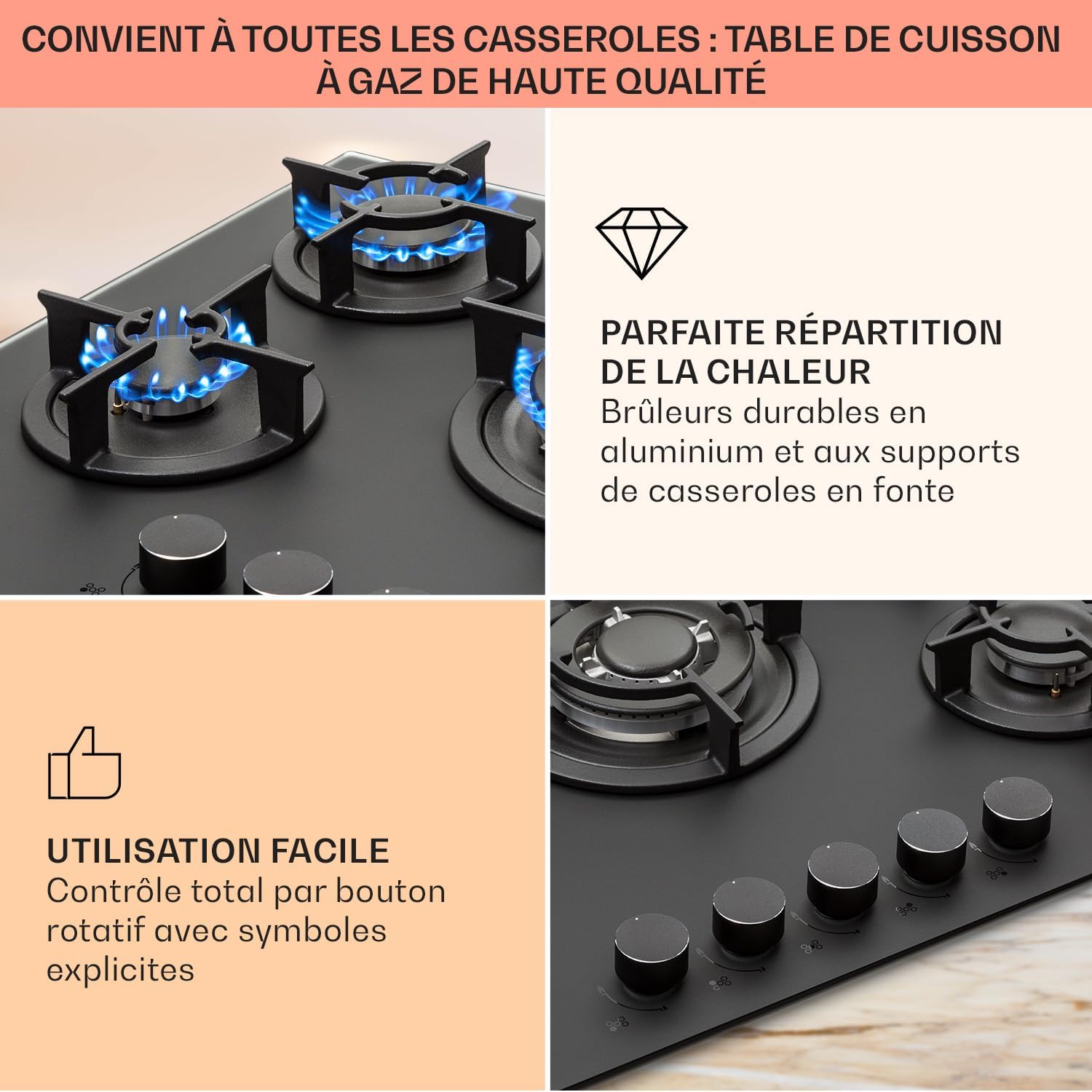 Klarstein Table de Cuisson à Gaz, Plaque de Cuisson Gaz à 4 Brûleurs, Table de Cuisson Electrique à 4 Feux de 8000W, Cuisiniere Gaz, Gaziniere Gaz avec Brûleurs en Acier Inoxydable, Cuisinières GPL