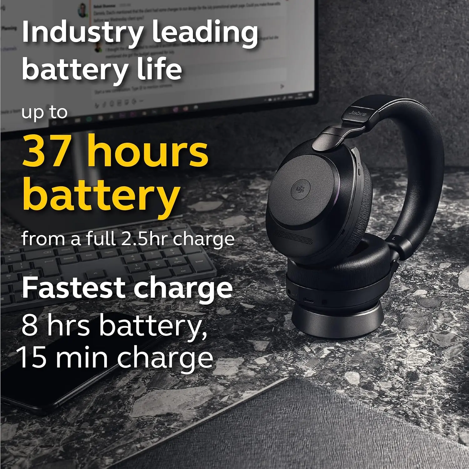 Jabra Evolve2 85 UC Wireless Headphones with Link380a & Charging Stand, Stereo, Black – Wireless Bluetooth Headset for Calls and Music, 37 Hours of Battery Life, Advanced Noise Cancelling Headphones