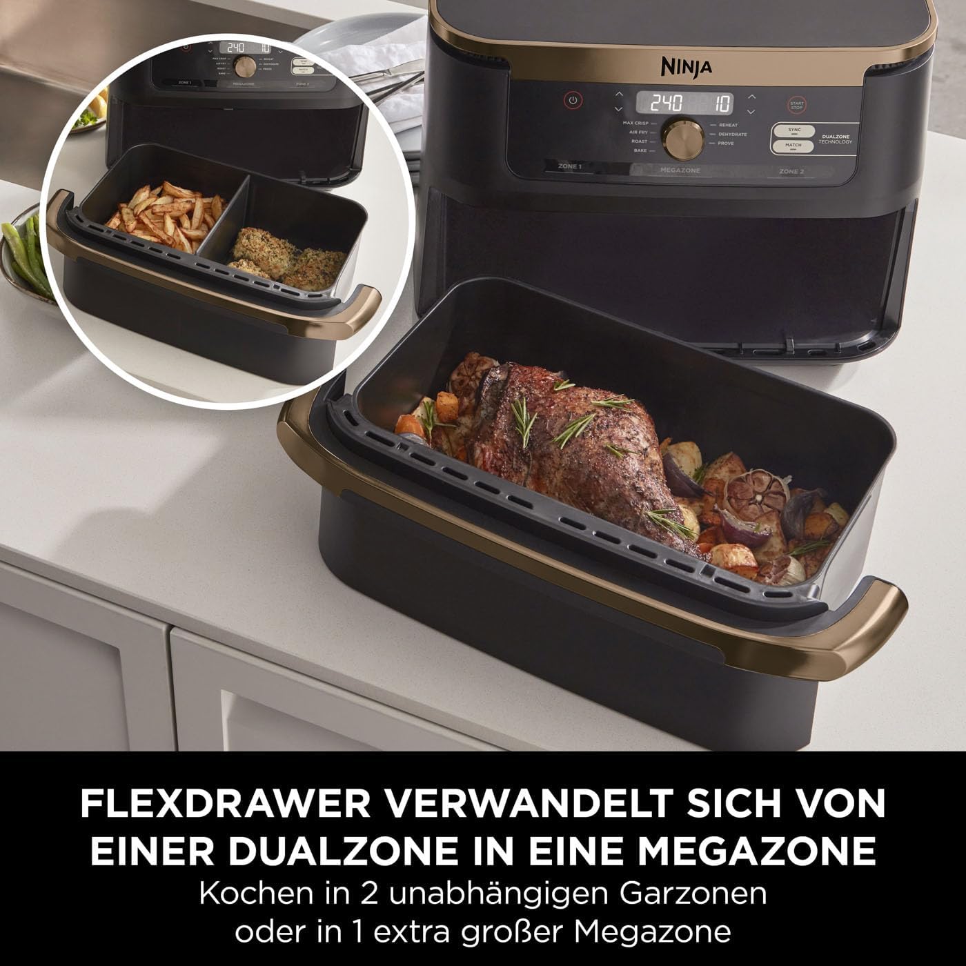 Ninja Foodi FlexDrawer Dual Zone Heißluftfritteuse, Airfryer mit 10,4-Fach und herausnehmbarem Trenner, Antihaftbeschichtung, spülmaschinenfester Korb, 7-in-1, Schwarz & Kupfer, AF500EUCP