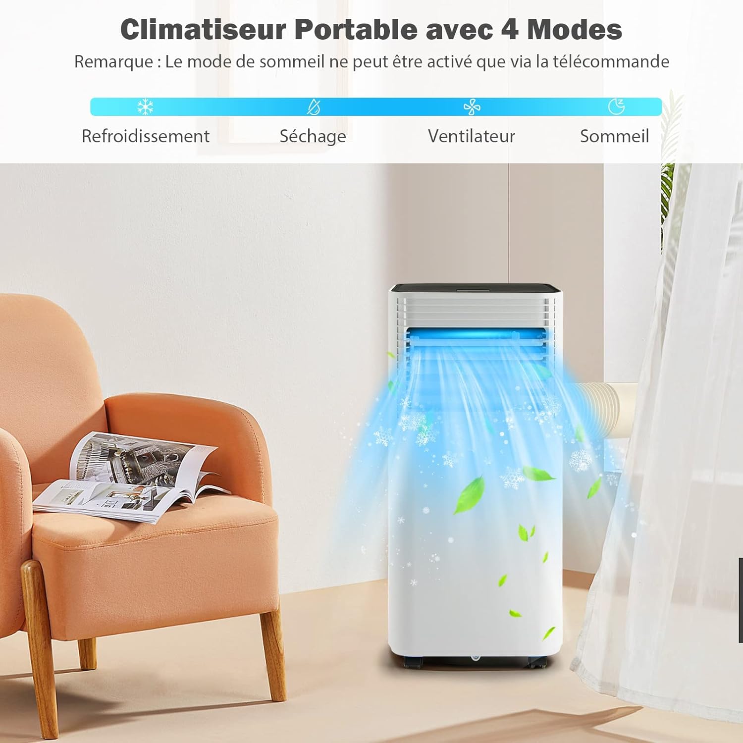 RELAX4LIFE Climatiseur Mobile Silencieux 9000BTU, Climatiseur Portable 4 en 1, Refroidisseur d'Air, Ventilateur, Déshumidificateur, Mode Nuit, 15-20㎡, Télécommande, Minuterie 24H, Classe Energie A