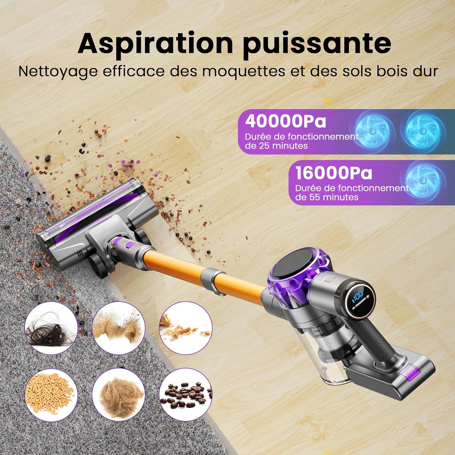 Aspirateur Balai sans Fil, 40KPa/ 55 Min d'Autonomie Aspirateur sans Fil Puissant avec Écran LED, Batterie Amovible, Lumière LED, Brosse Anti-emmêlement pour Tapis, Sols Durs, Poils d'animaux