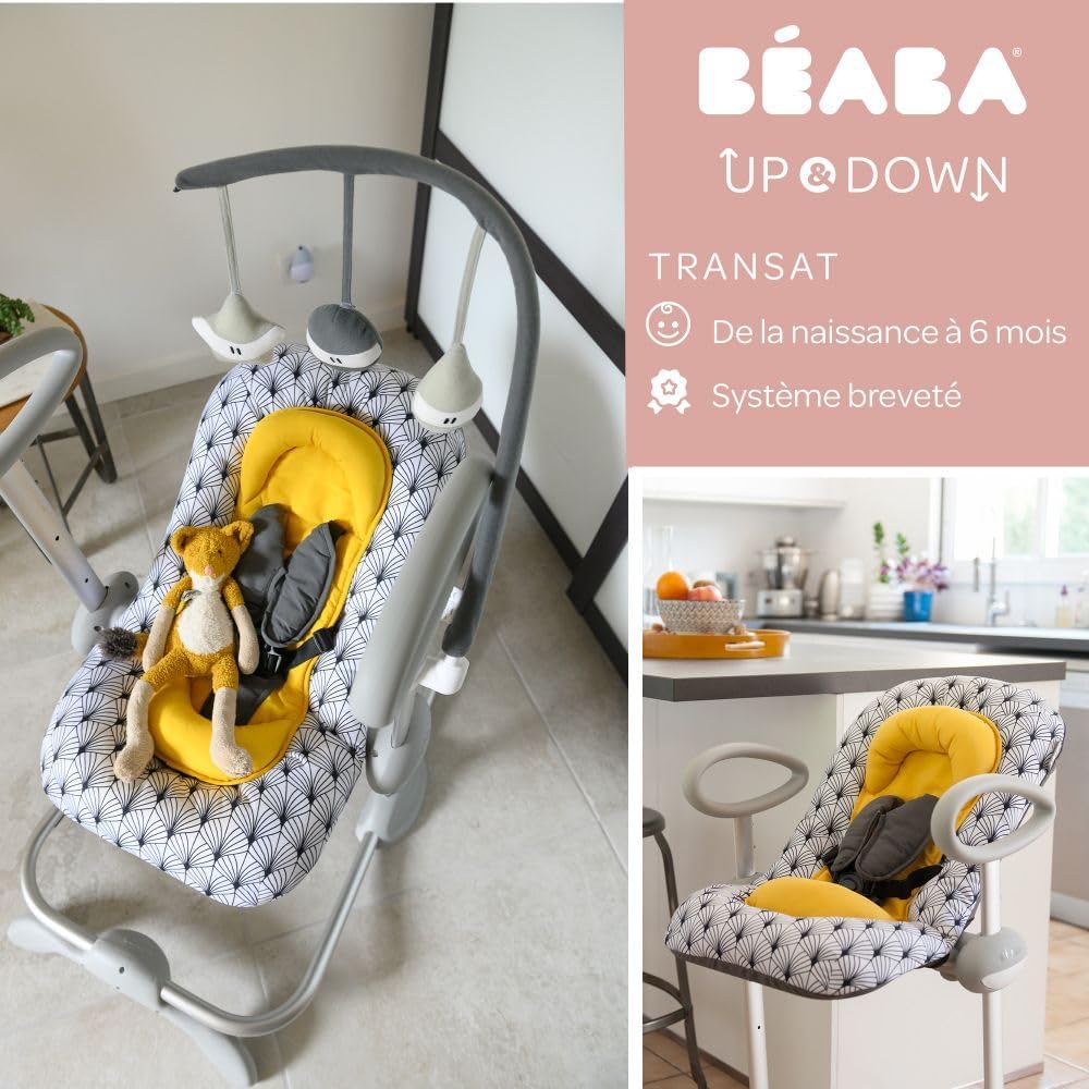 Béaba, Transat Up & Down IV, Transat Réglable en Hauteur, Unisexe pour Bébé et Enfants, 3 Positions d'Inclinaison, Harnais Sécurité 5 Points, Réducteur de Naissance, Gris minéral et miel