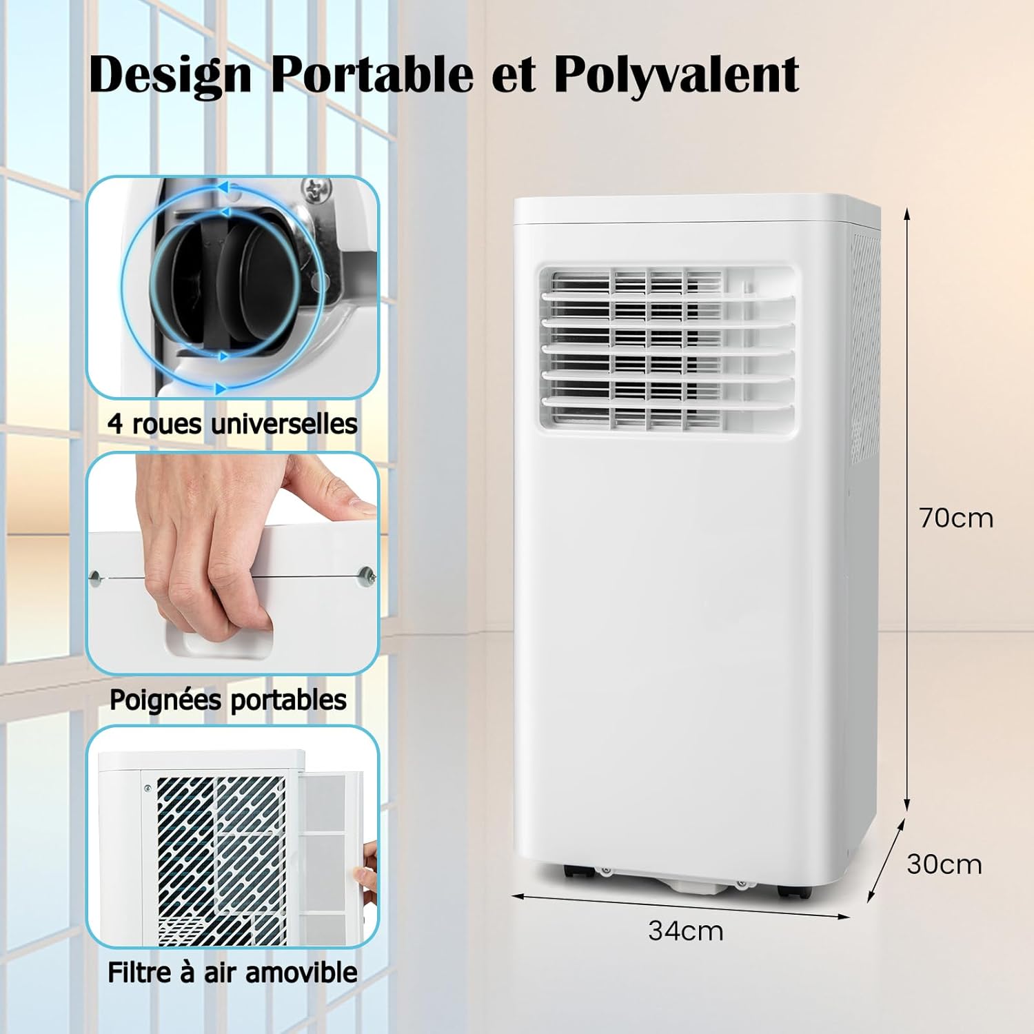 RELAX4LIFE Climatiseur Mobile Silencieux 9000BTU, Climatiseur Portable 4 en 1, Refroidisseur d'Air, Ventilateur, Déshumidificateur, Mode Nuit, 15-20㎡, Télécommande, Minuterie 24H, Classe Energie A