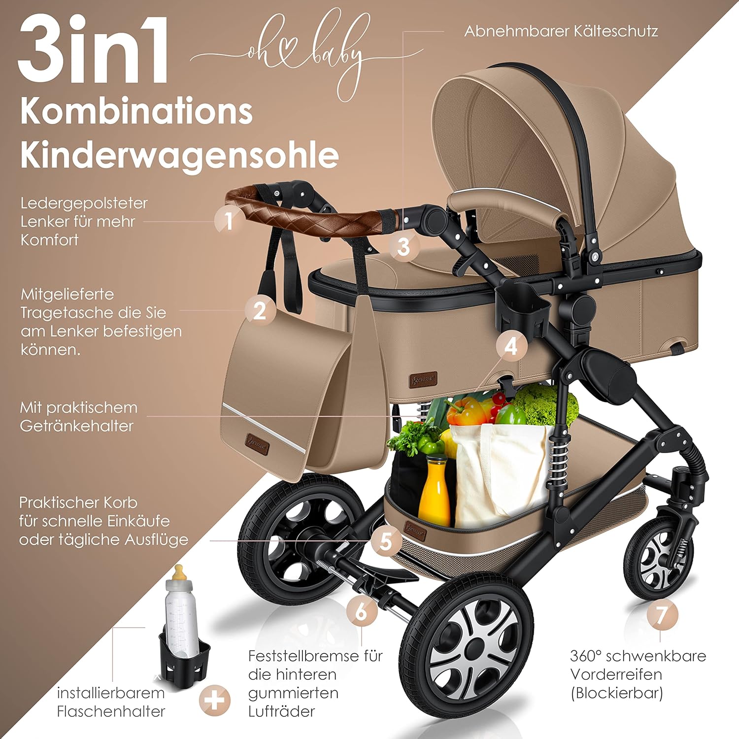 KESSER® Poussette combinée 3en1 Set incl. baignoire bébé poussette Siège sport & siège auto pour bébé Pneus pleins en caoutchouc Sac à langer Protection pluie Table pour enfant ECE R129 noir/champagne