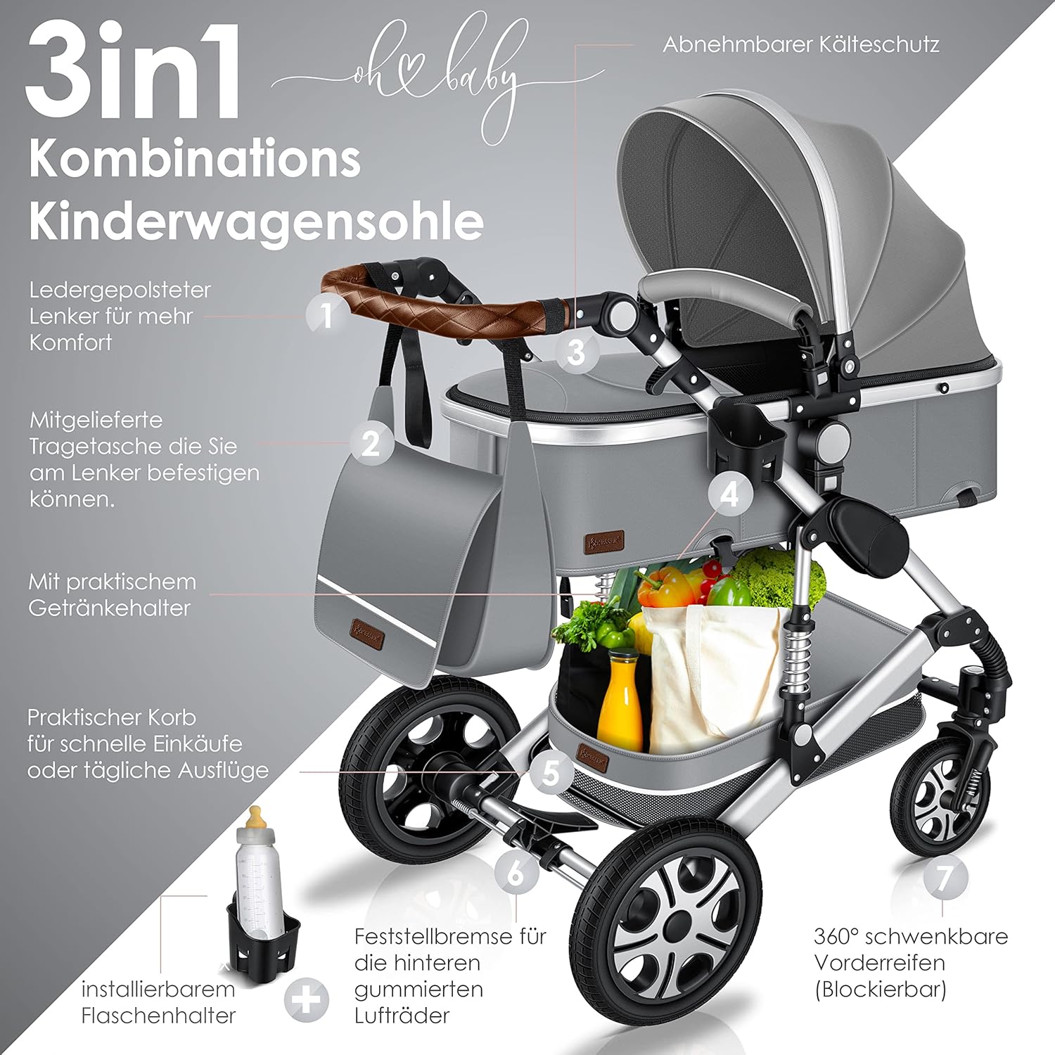 KESSER® Poussette combinée 3en1 Set incl. baignoire bébé poussette Siège sport & siège auto pour bébé Pneus pleins en caoutchouc Sac à langer Protection pluie Table pour enfant ECE R129 noir/champagne